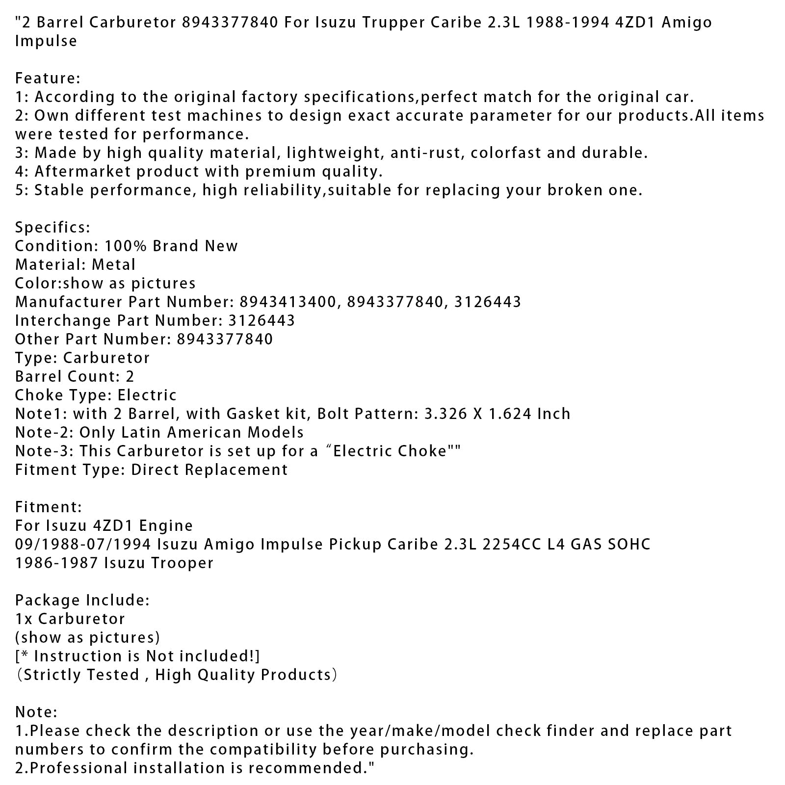 1986-1987 Isuzu Trooper 2 Barrel Carburetor 8943377840