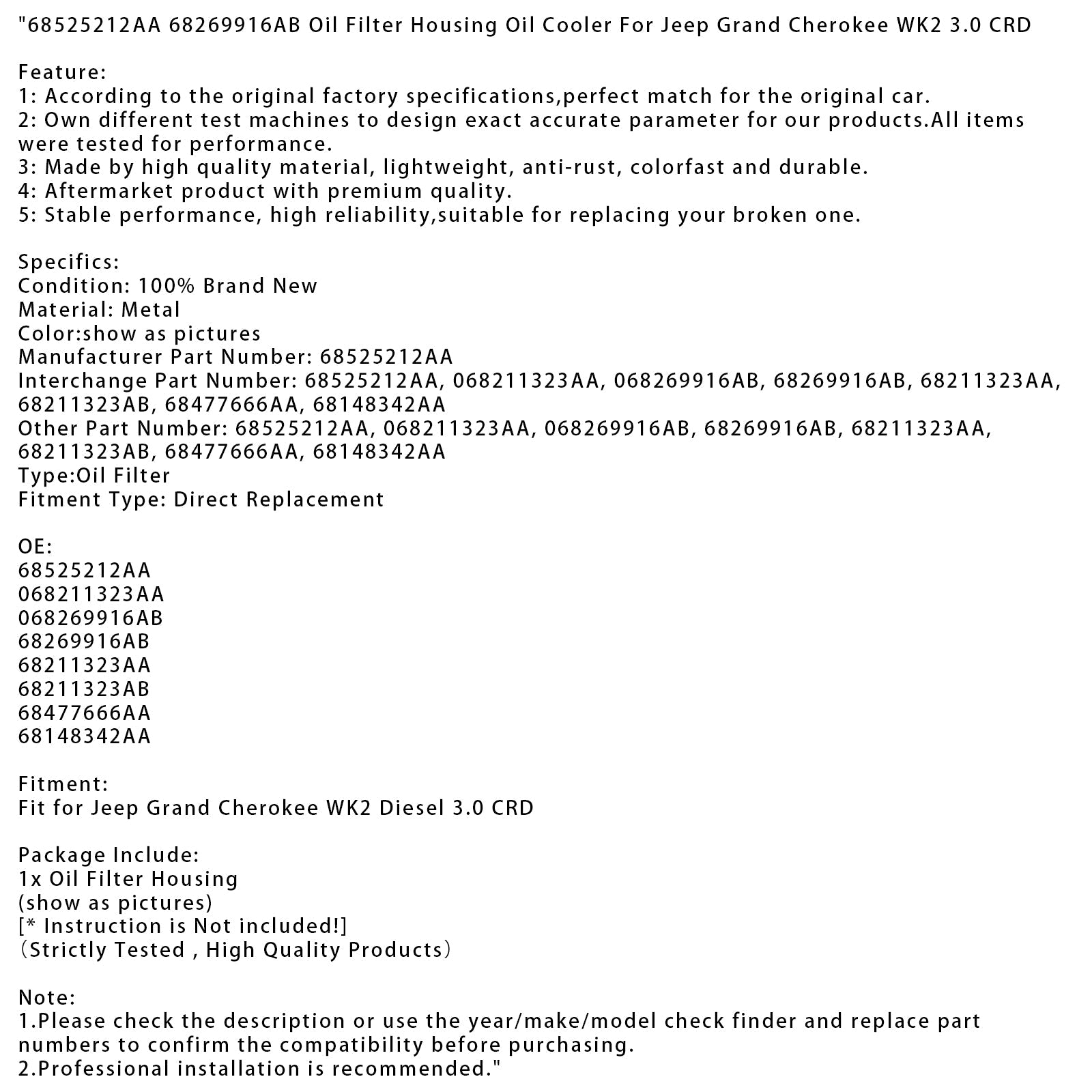 68525212AA Oil Filter Housing Oil Cooler For Jeep Grand Cherokee WK2 3.0 CRD