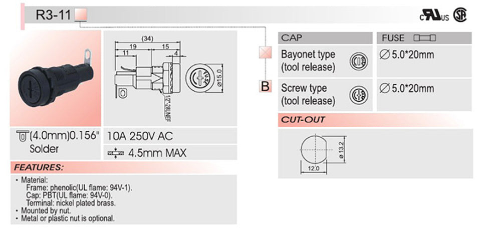 El tenedor del fusible del chasis del soporte del panel de SCI R3-11 para el vidrio de 5x20m m fusiona 10A 250V