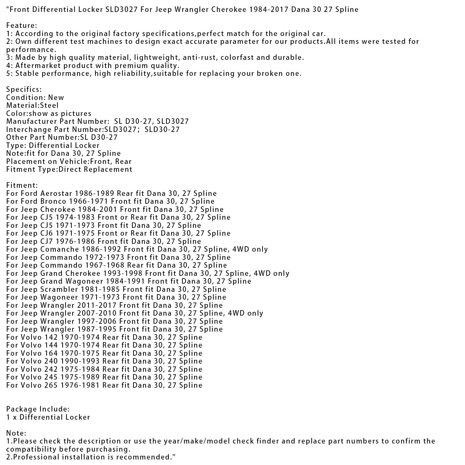 1997-2006 Jeep Wrangler Front fit Dana 30, 27 Spline Front Differential Locker SLD3027