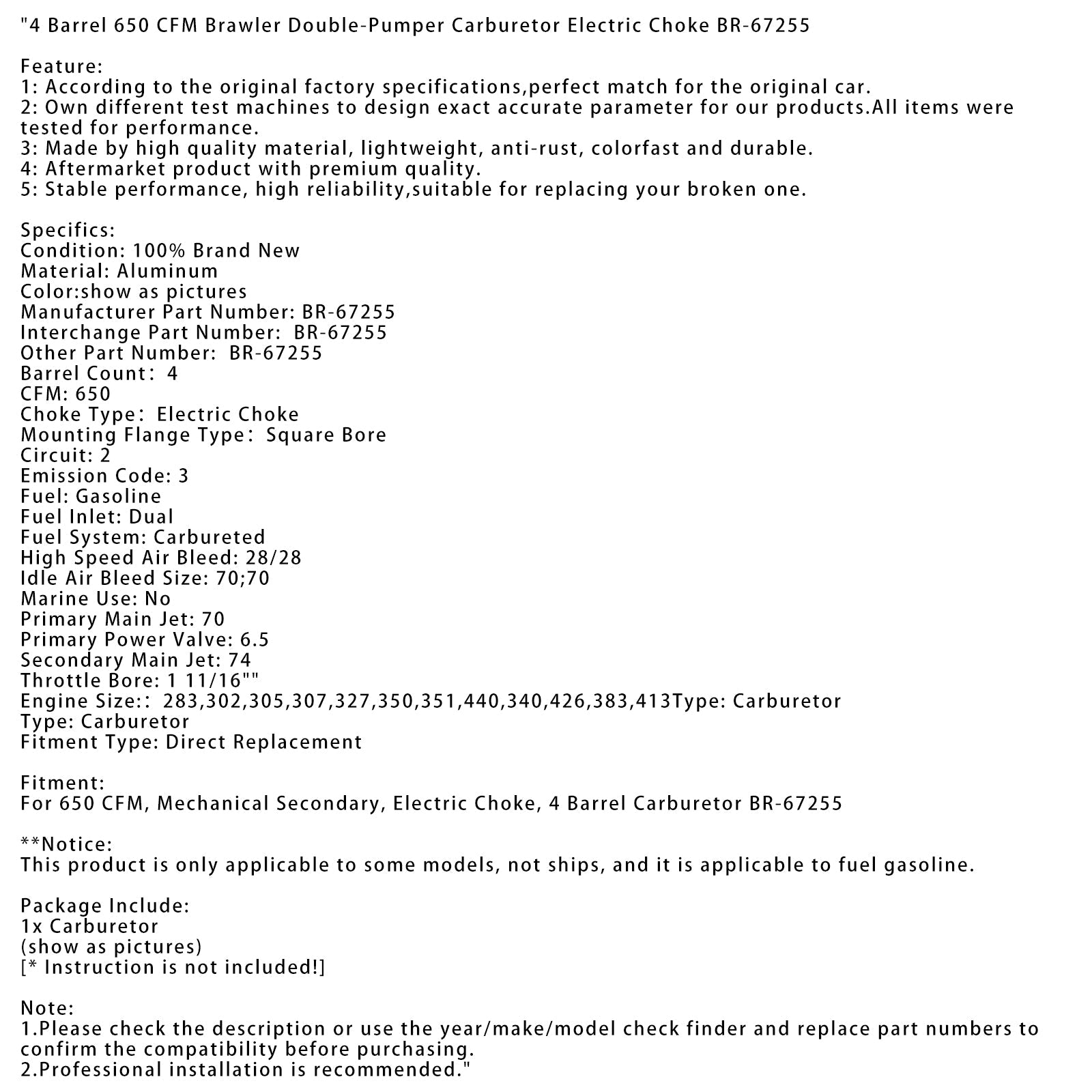 4 Barrel 650 CFM Brawler Double-Pumper Carburetor Electric Choke BR-67255