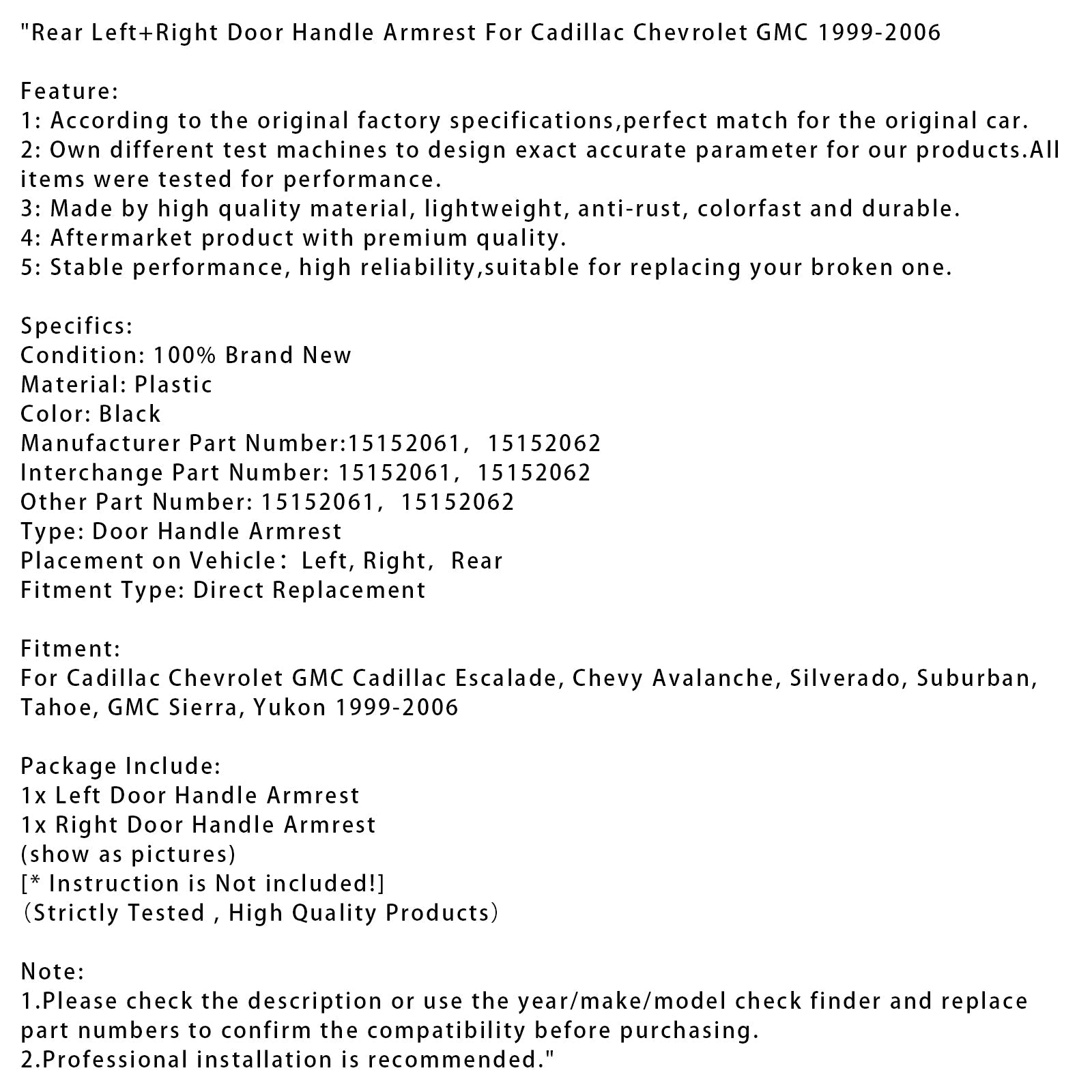 1999-2006 Cadillac Chevrolet GMC Rear Left+Right Door Handle Armrest 15152061 15152062