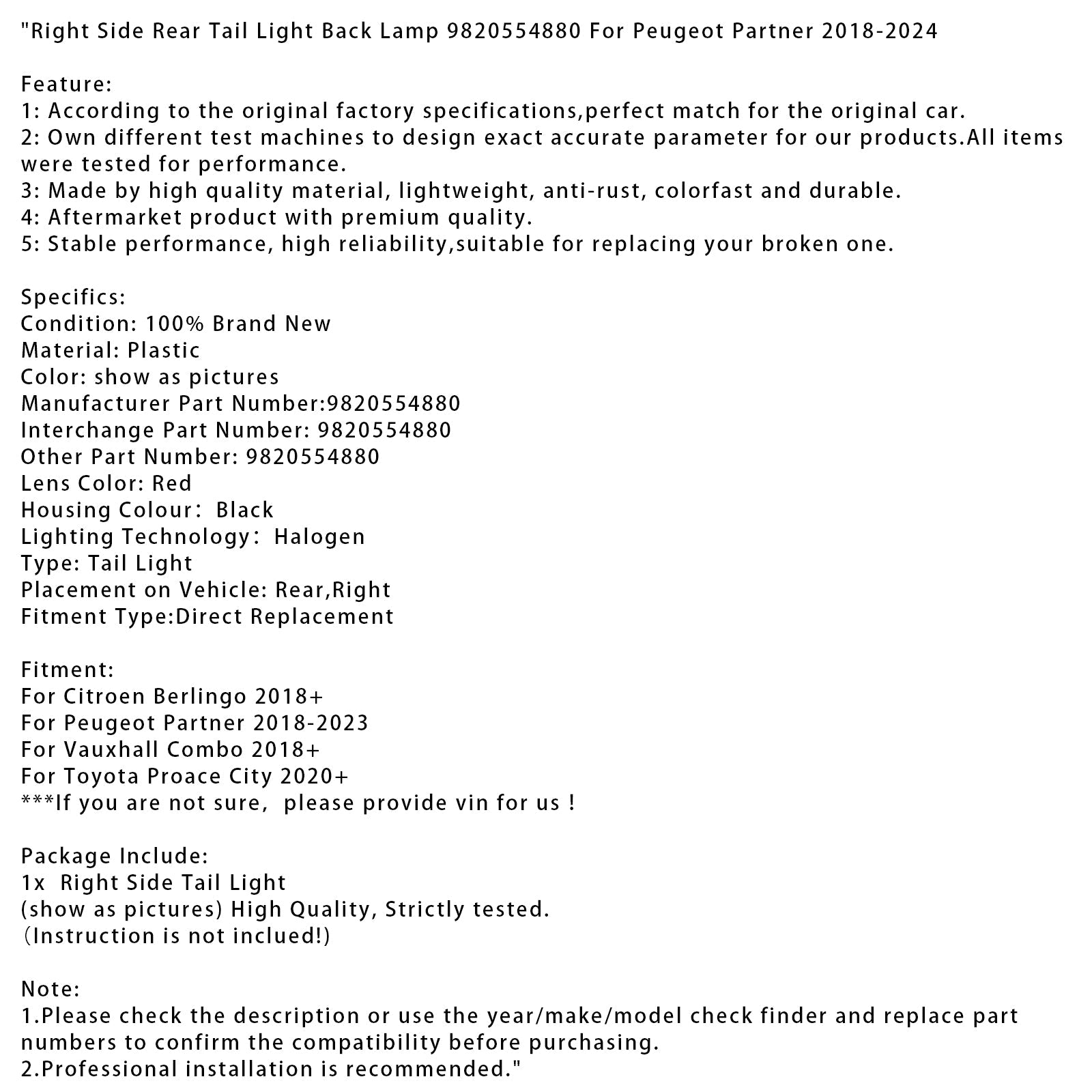 Right Side Rear Tail Light Back Lamp 9820554880 For Peugeot Partner 2018-2024