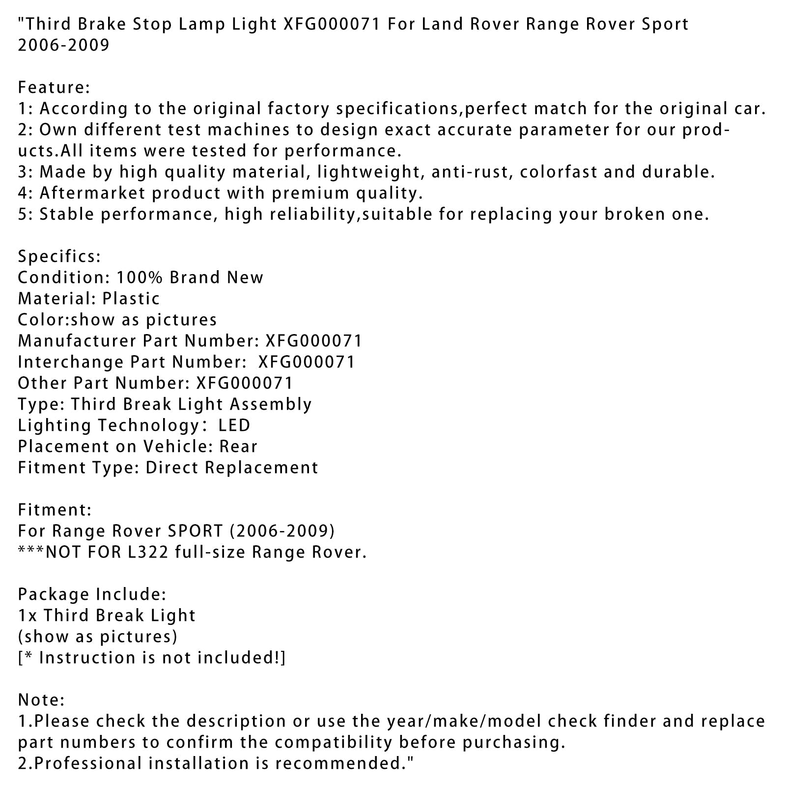 랜드 로버 레인지 로버 스포츠 06-09 용 세 번째 브레이크 스톱 램프 라이트 XFG000071