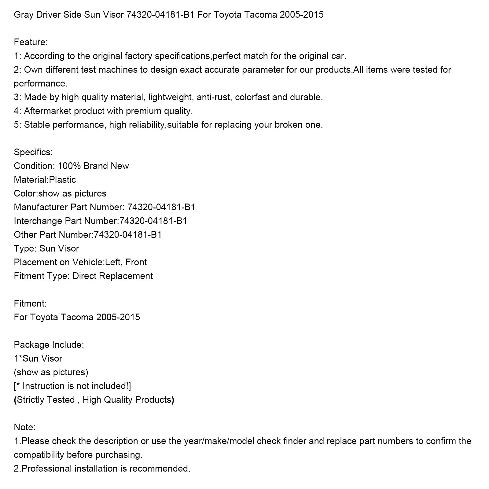 2005-2015 Toyota Tacoma Gray Left Side Sun Visor 74320-04181-B1