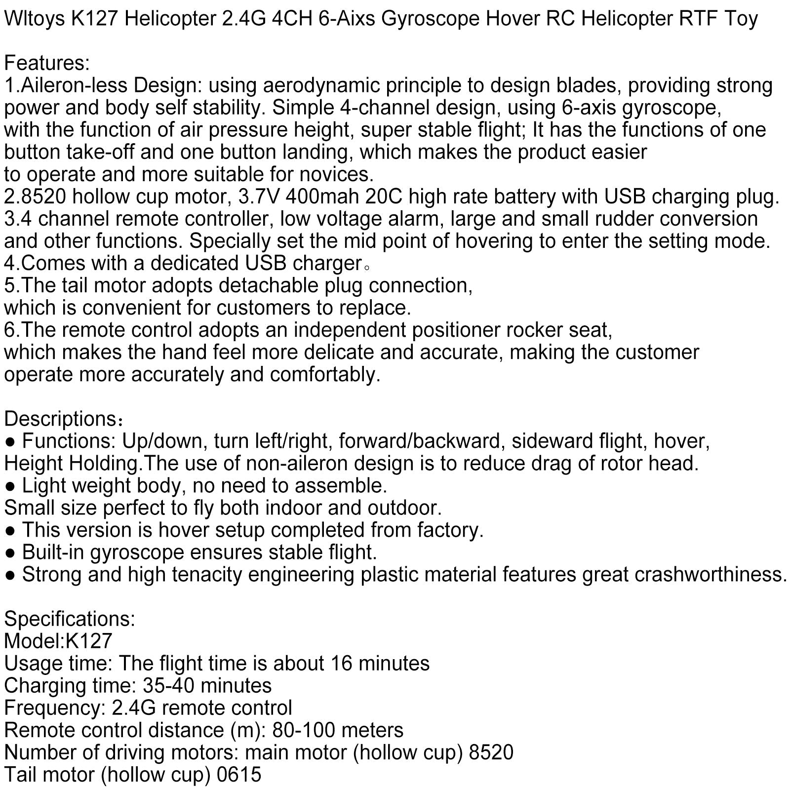 Wltoys K127 Helicopter 2.4G 4CH 6-Aixs Gyroscope Hover RC Helicopter RTF Toy