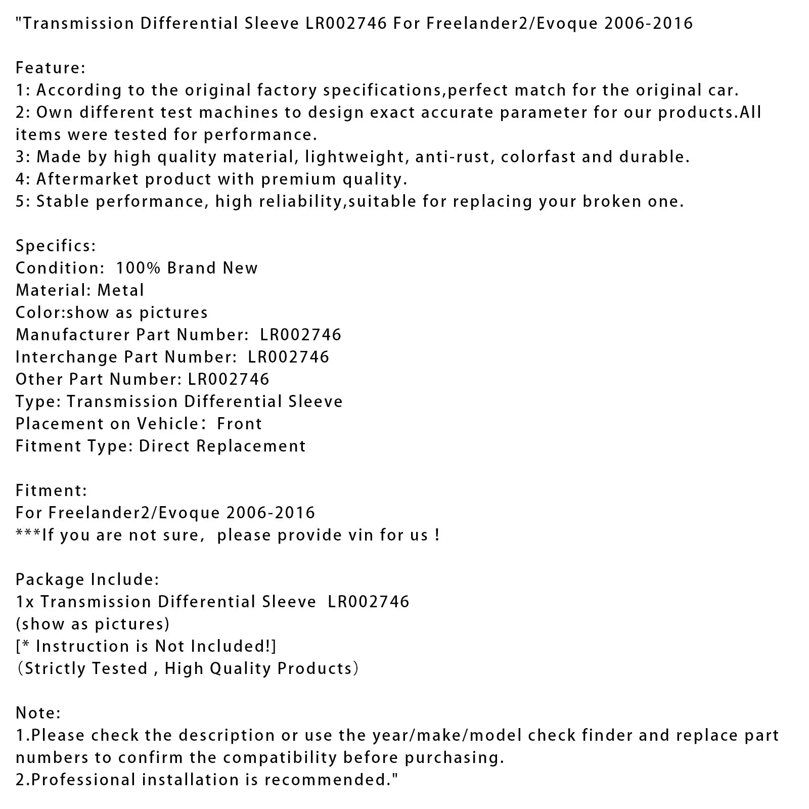 Transmission Differential Sleeve LR002746 For Freelander2/Evoque 2006-2016