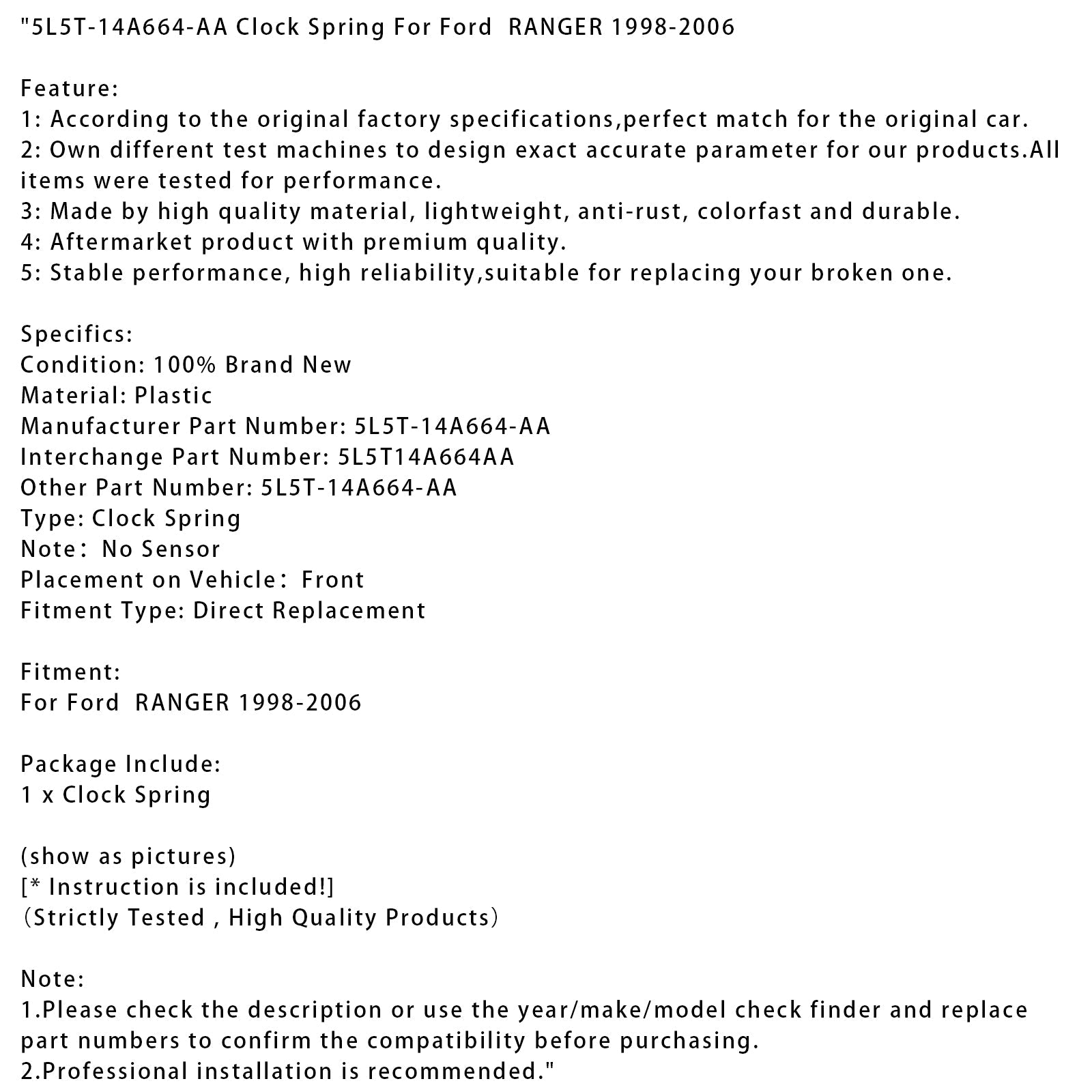 1998-2006 Ford RANGER Clock Spring 5L5T-14A664-AA