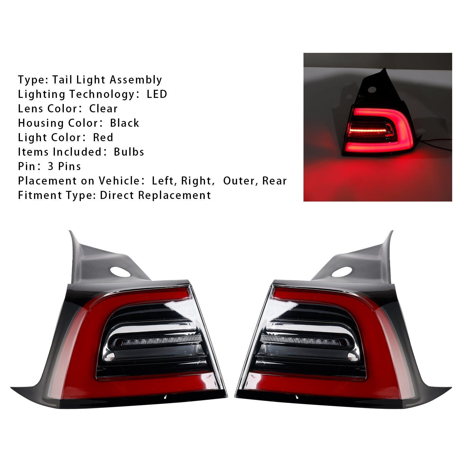 L+R LED Tail Lamp Outer Rear Tail Light 3 Pin For Tesla Model 3 Y 2017