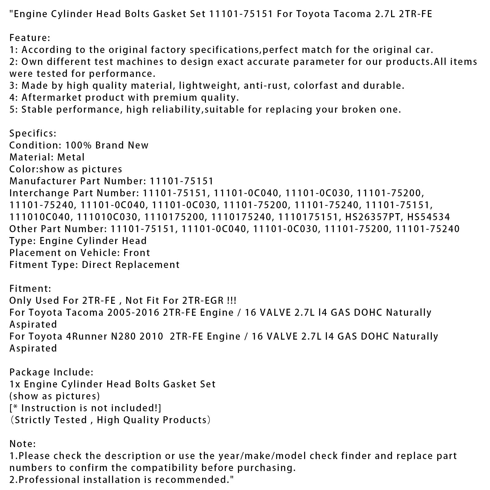 2005-2016 Toyota Tacoma 2TR-FE Engine Cylinder Head Bolts Gasket Set 11101-75151 11101-75200
