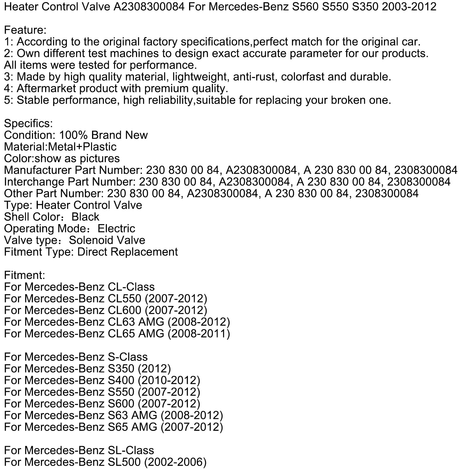 Heater Control Valve A2308300084 For Mercedes-Benz S560 S550 S350 2003-2012