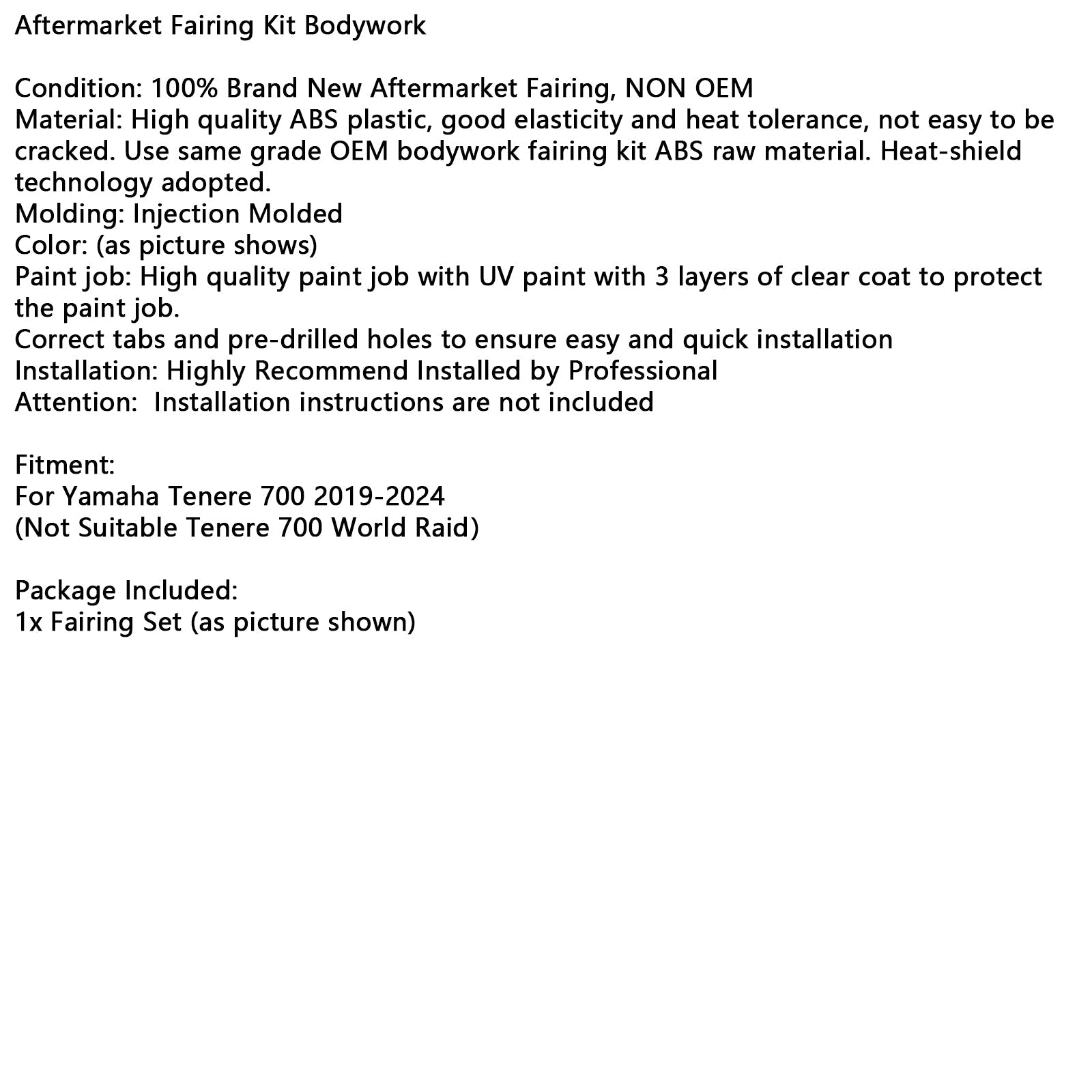 Injection ABS  Bodywork Fairing Kit for Yamaha Tenere 700 2019-2024