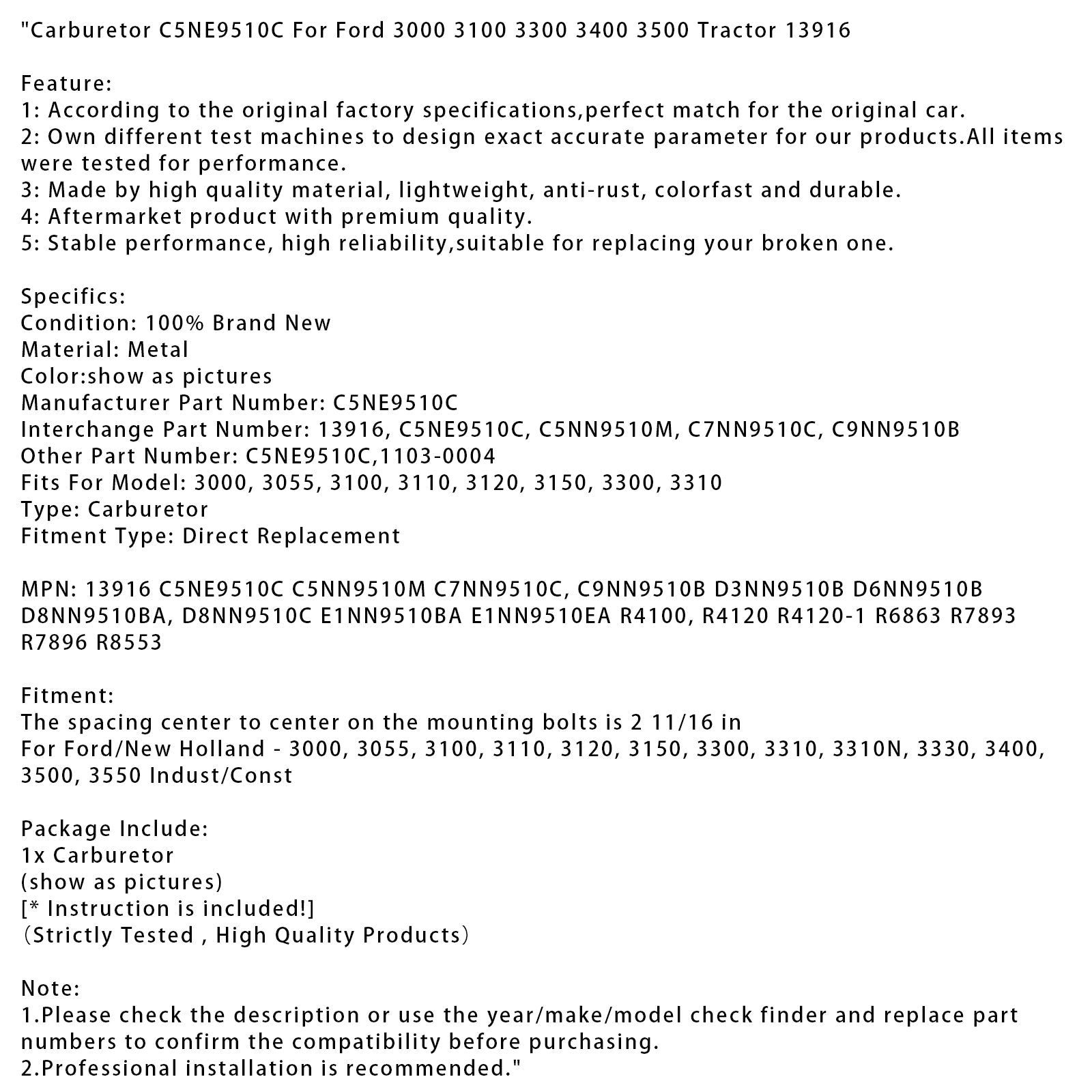 Carburetor C5NE9510C For Ford 3000 3100 3300 3400 3500 Tractor 13916