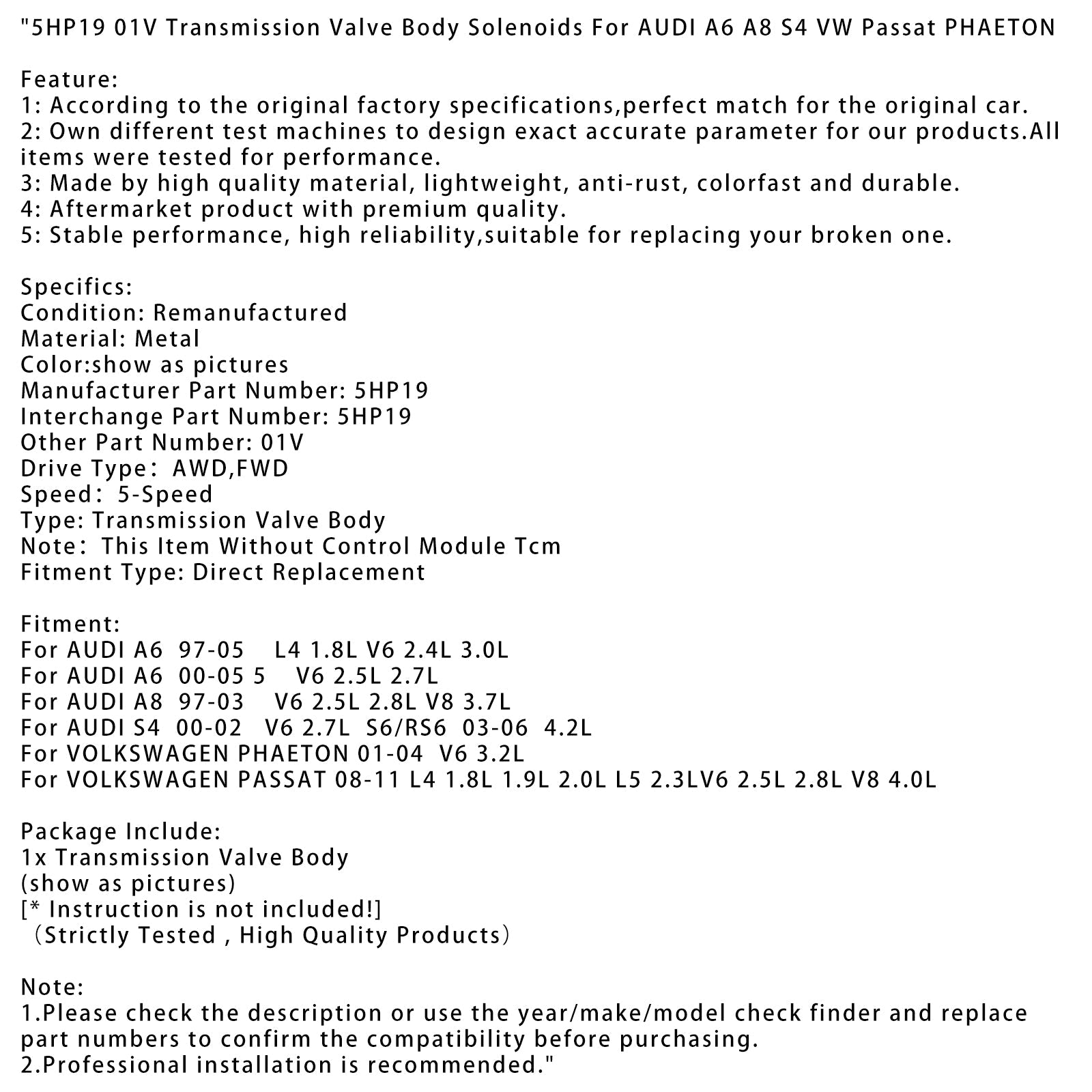 5HP19 01V Transmission Valve Body Solenoids For AUDI A6 A8 S4 VW Passat PHAETON