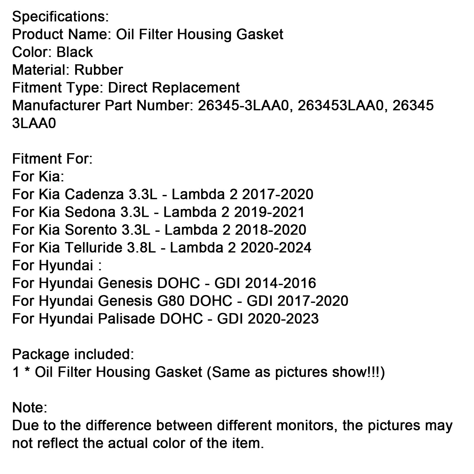Engine Oil Filter Housing Gasket 26345-3LAA0 Fit Kia Sorento 3.3L 2018-2020