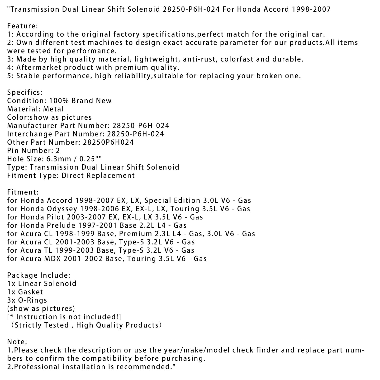 Transmission Dual Linear Shift Solenoid 28250-P6H-024 For Honda Accord 1998-2007