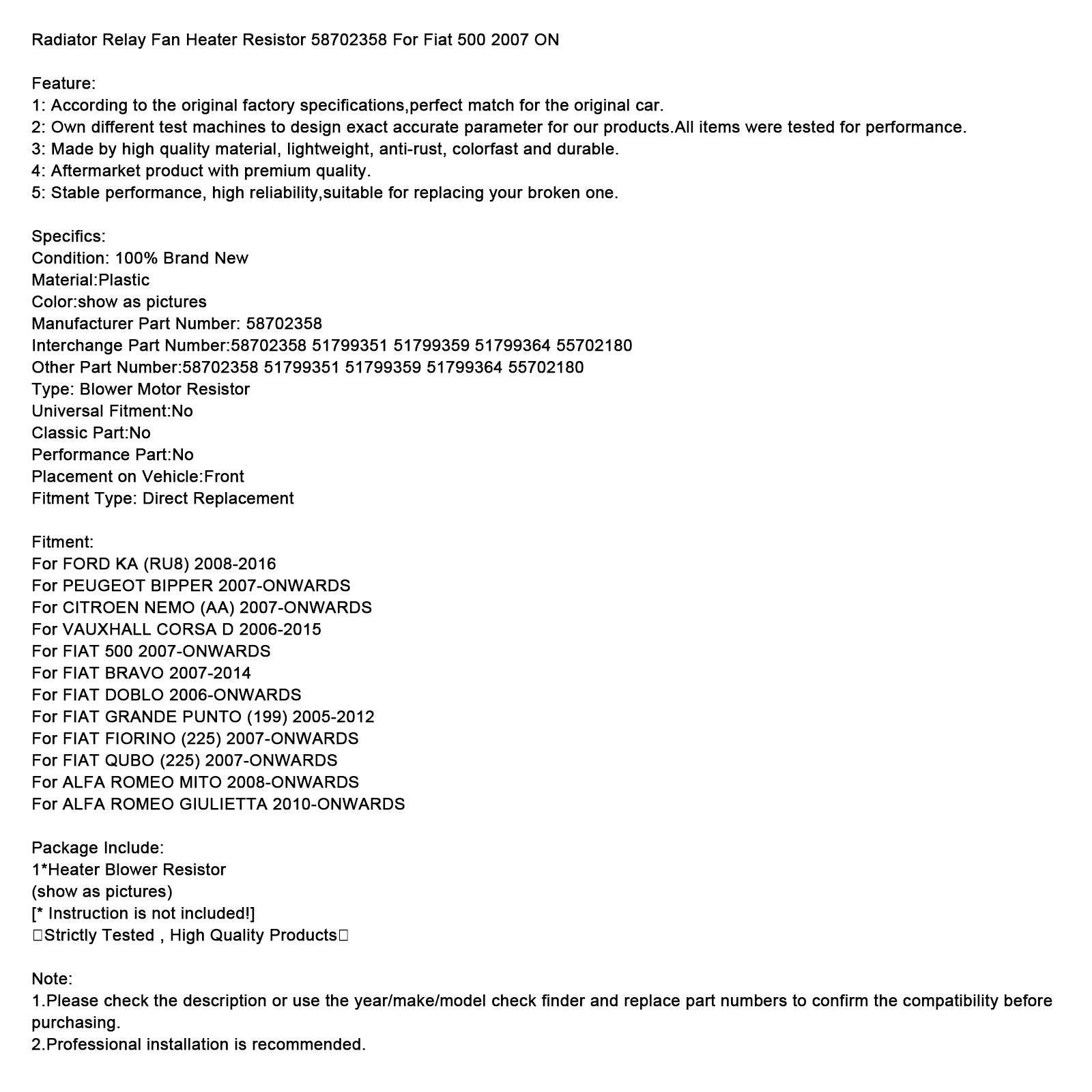 Radiator Relay Fan Heater Resistor 58702358 For Fiat 500 2007 ON