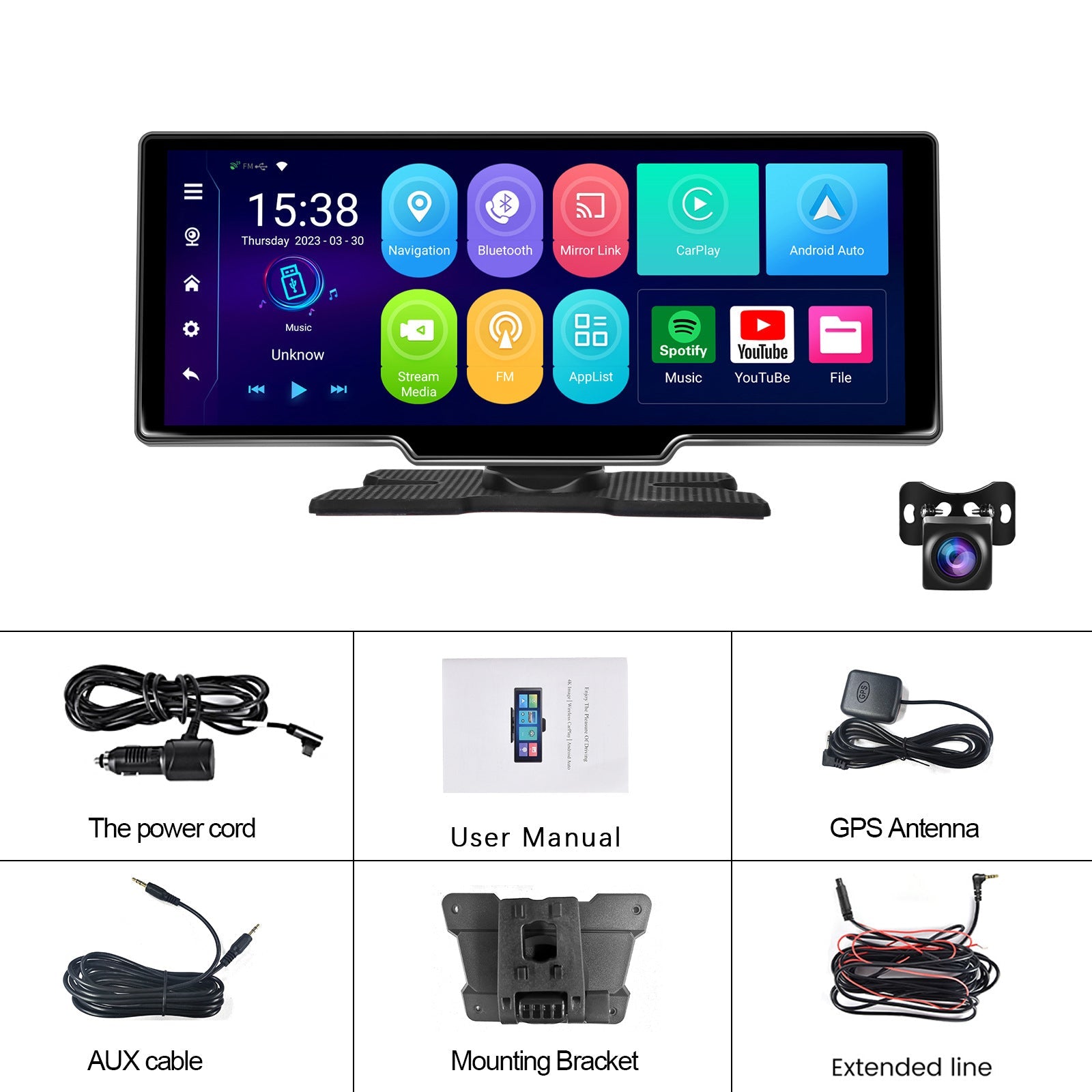 10.26" Portable Bluetooth Car Navigation Carplay Wireless Car Radio + AHD Camera