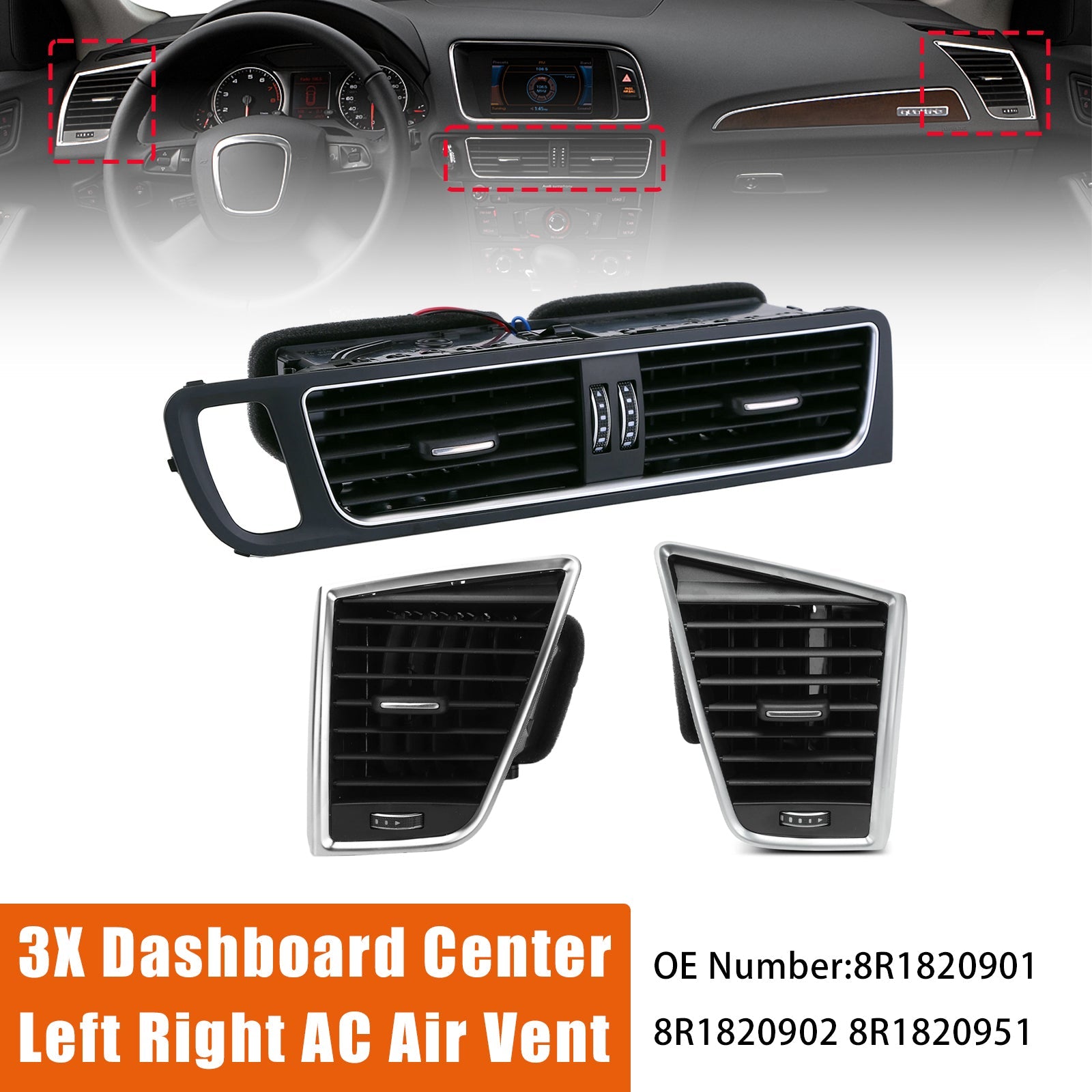 8R1820951 8R1820902 3pcs Center Panel Dash Louver Air Vent A/C Outlet For Audi SQ5 3.0L 2009-2017