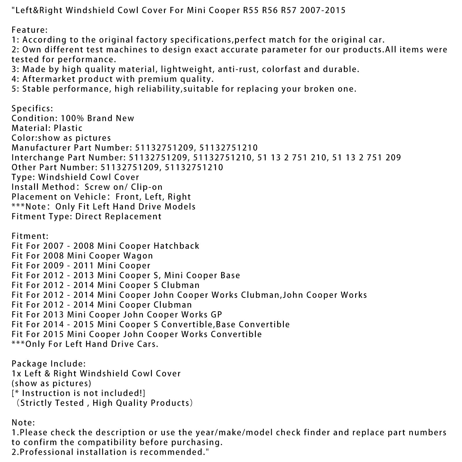 Left&Right Windshield Cowl Cover For Mini Cooper R55 R56 R57 2007-2015