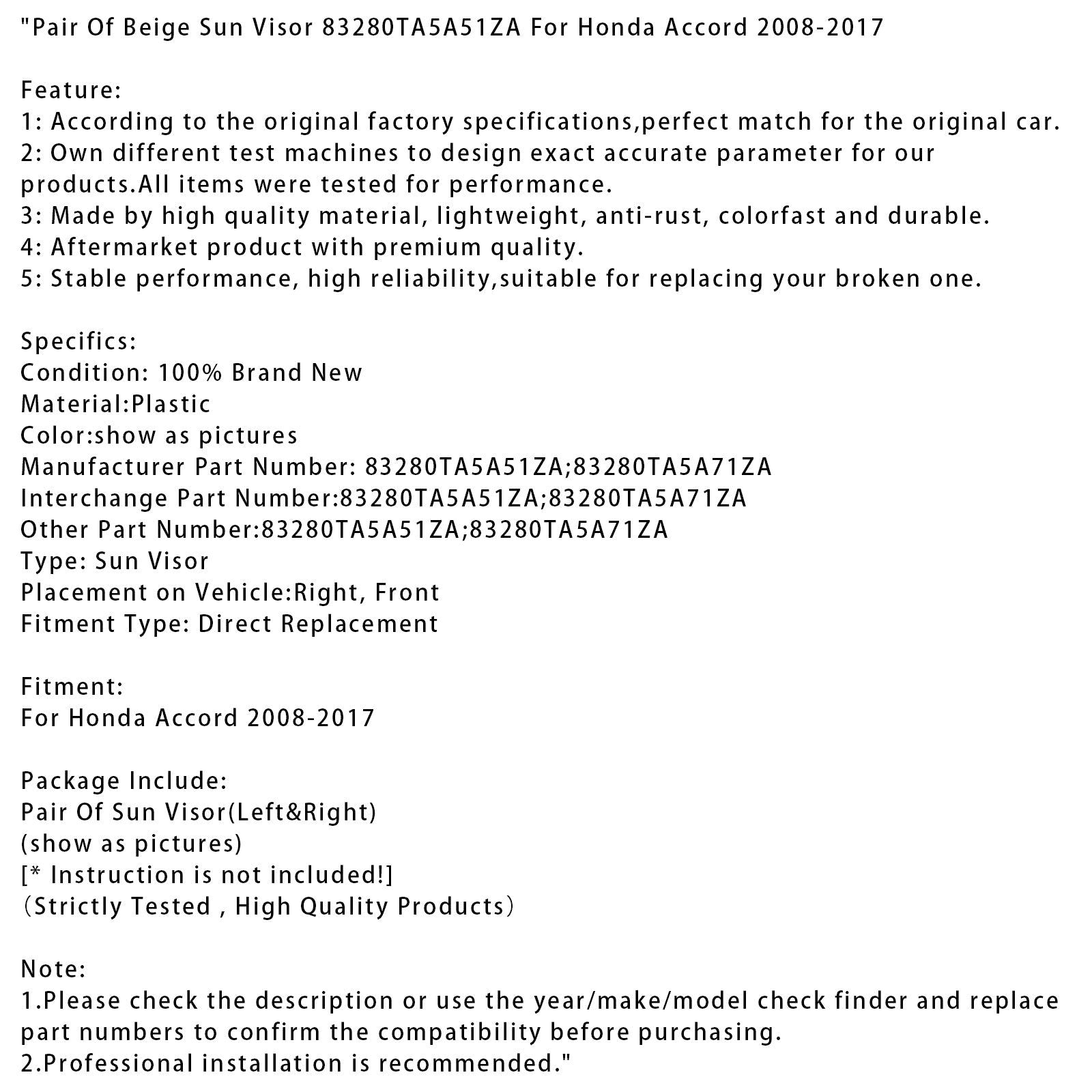 2008-2017 Honda Accord Pair Of Beige Sun Visor 83280TA5A51ZA