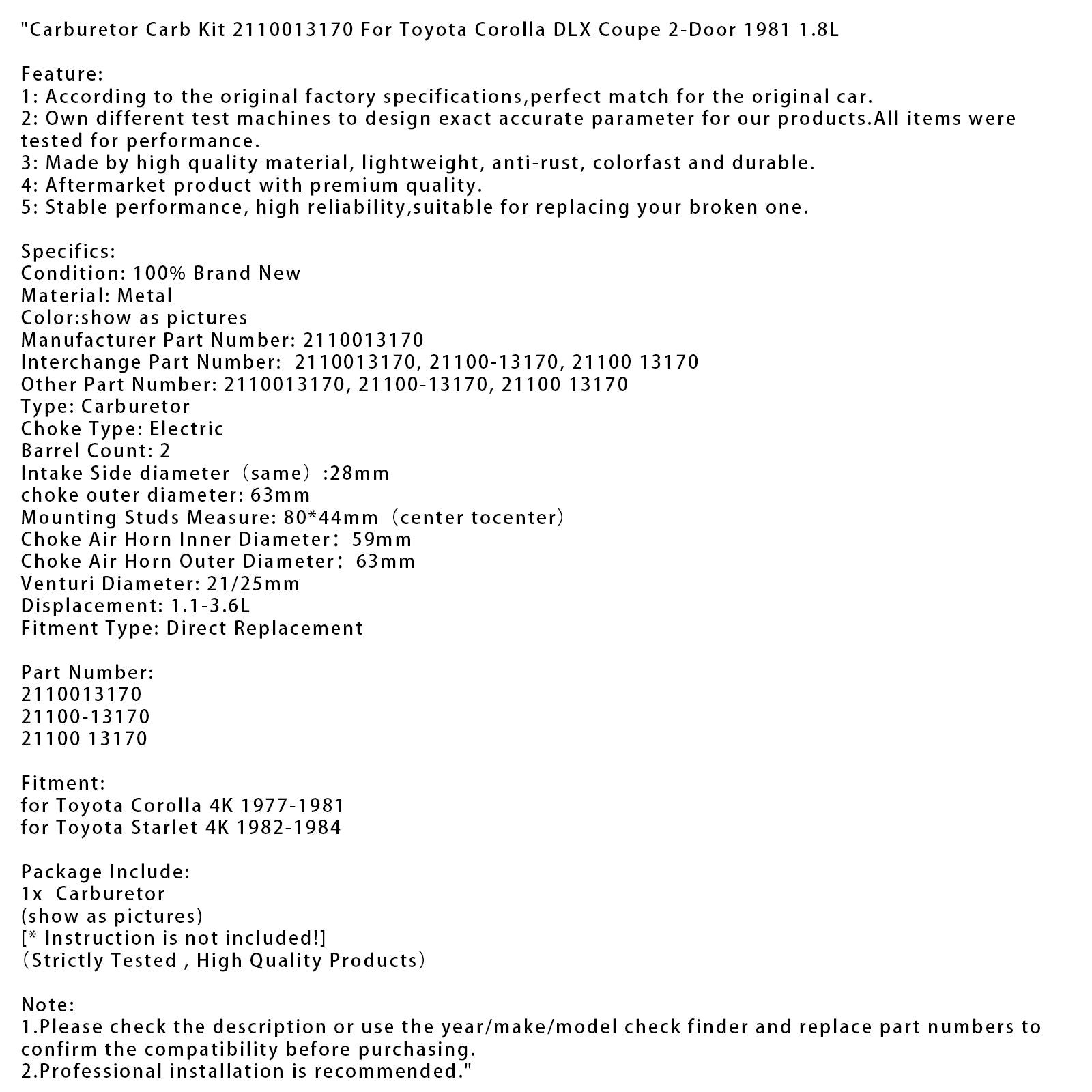 1982-1984 Toyota Starlet 4K Carburetor Carb Kit 2110013170