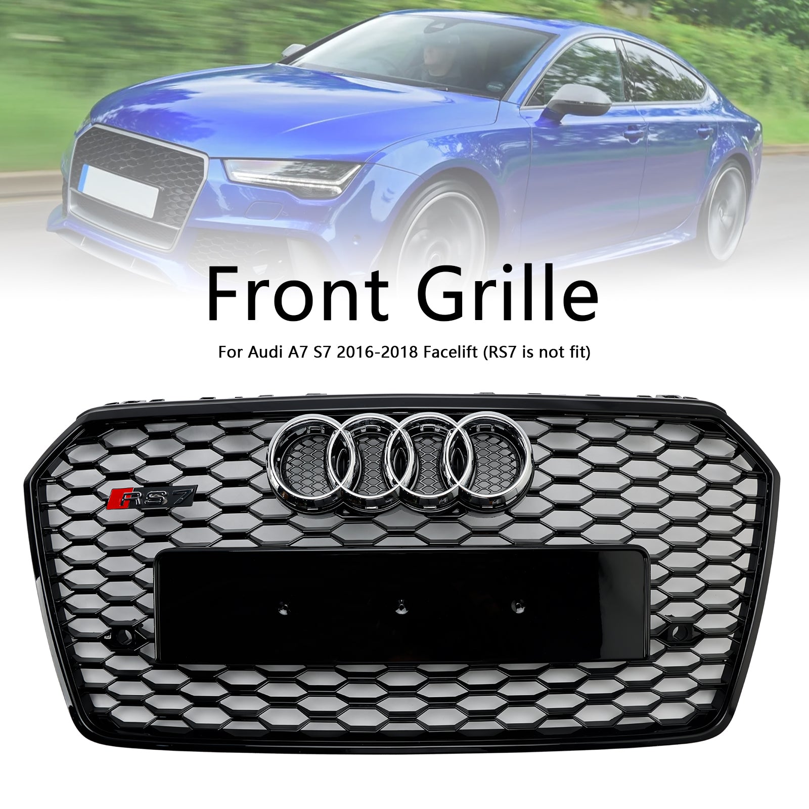 RS7 Style Honeycomb Front Bumper Grille Grill Fit Audi A7 C7 S7 2016-2018 Black