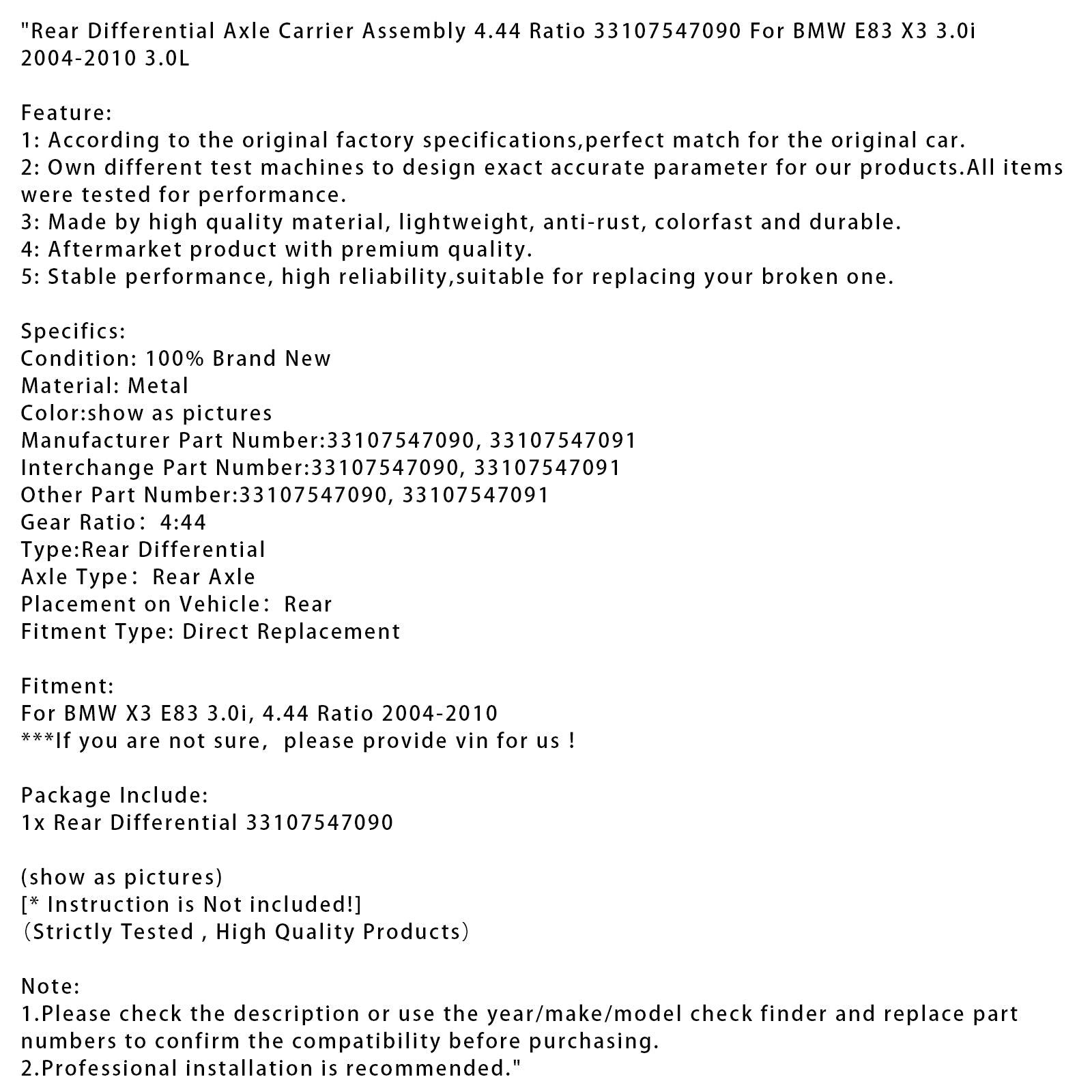 2004-2010 BMW E83 X3 3.0i Rear Differential Axle Carrier 4.44 Ratio 33107547090