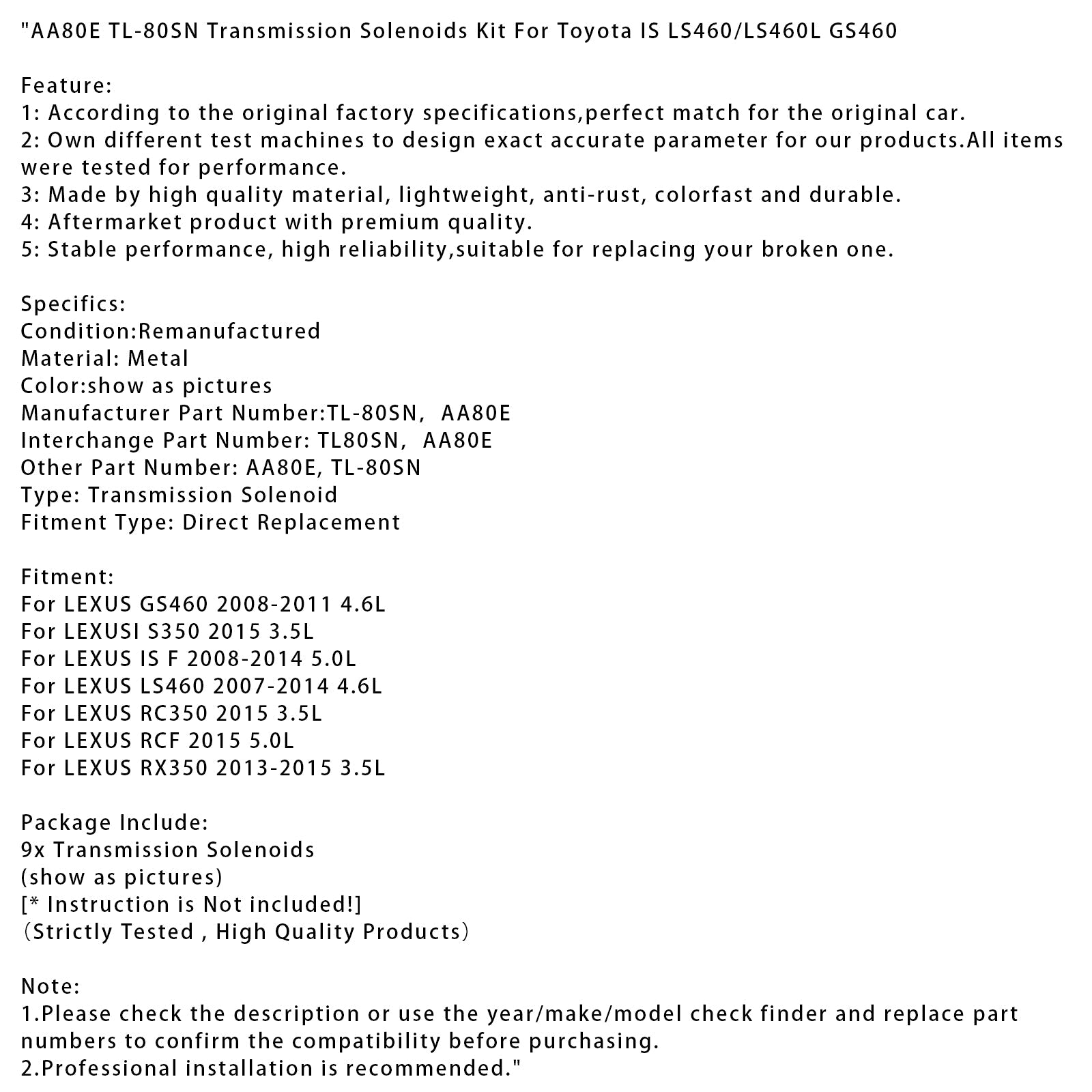 2007-2014 LEXUS LS460 4.6L AA80E TL-80SN Transmission Solenoids Kit