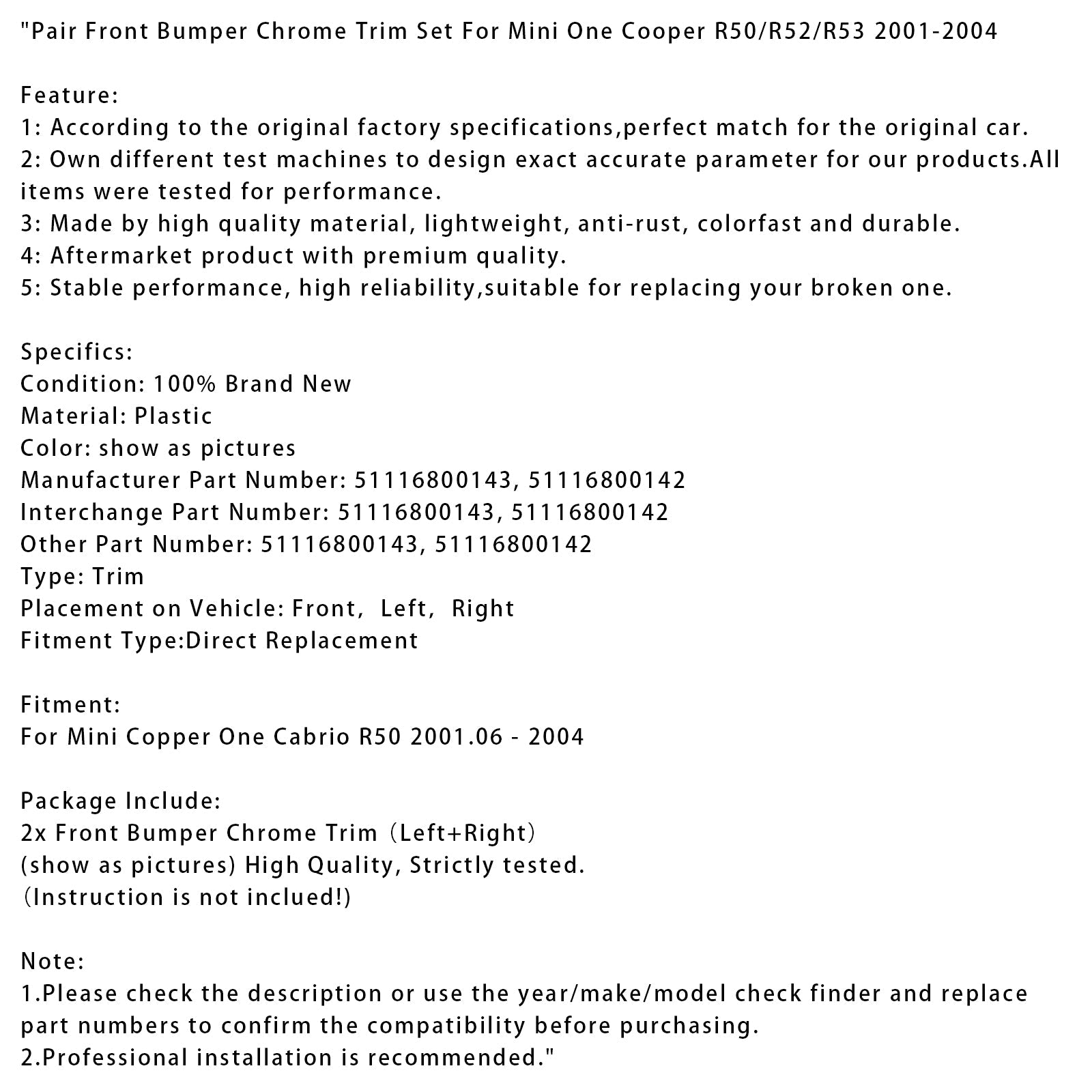 2001-2004 Mini One Cooper R50/R52/R53 Pair Front Bumper Chrome Trim Set