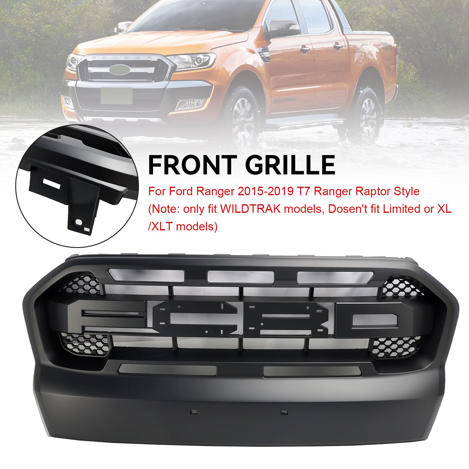 Ford Ranger 2015-2019 T7 Matt Black Ranger Raptor Style Front Bumper Grill