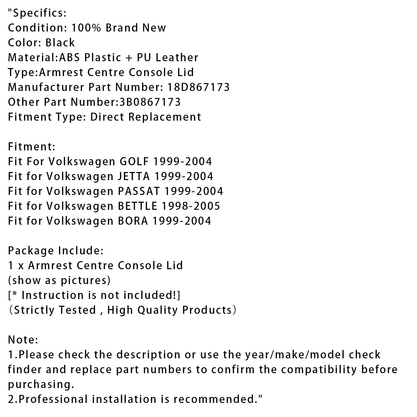 Black Leather Armrest Centre Console Lid For VW MK4 Jetta Bora Golf 18D867173