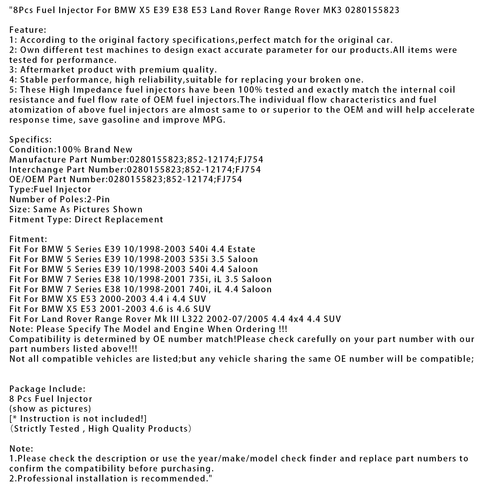 8Pcs Fuel Injector For BMW X5 E39 E38 E53 Land Rover Range Rover MK3 0280155823