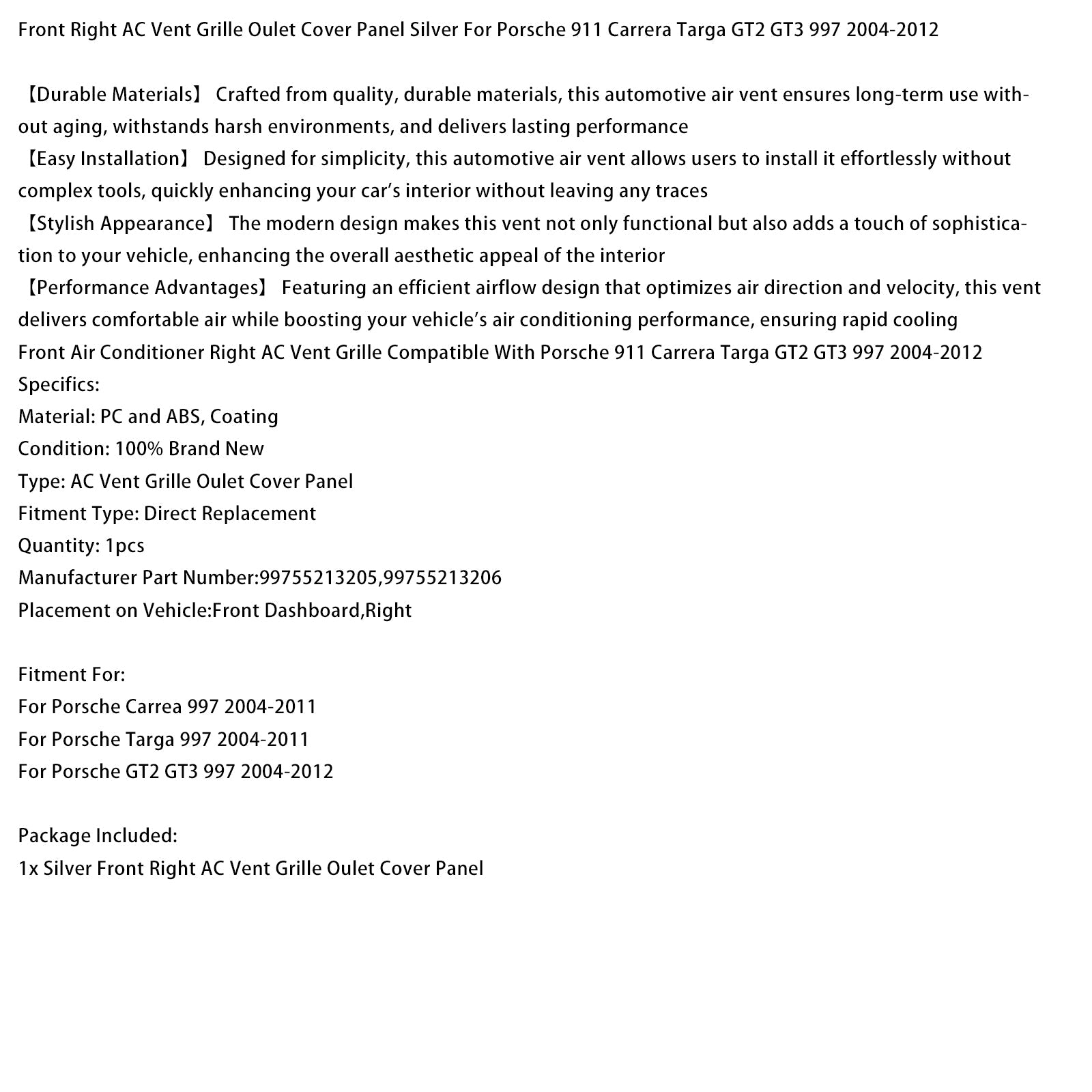 2004-2012 Porsche GT2 GT3 997 Front Right AC Vent Cover Silver 99755213205 99755213206