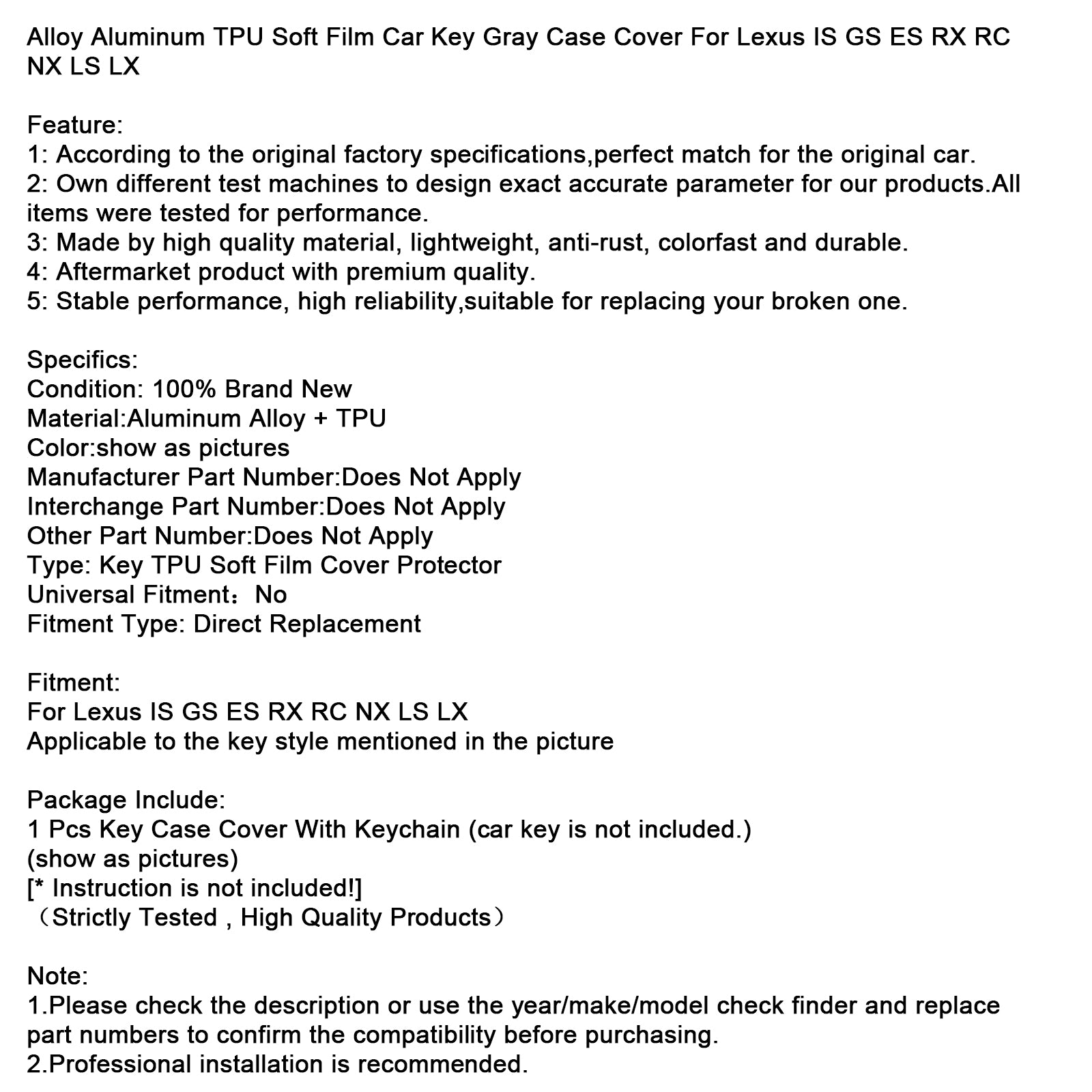 Lexus IS GS ES RX Alloy Aluminum TPU Soft Film Car Key Gray Case Cover