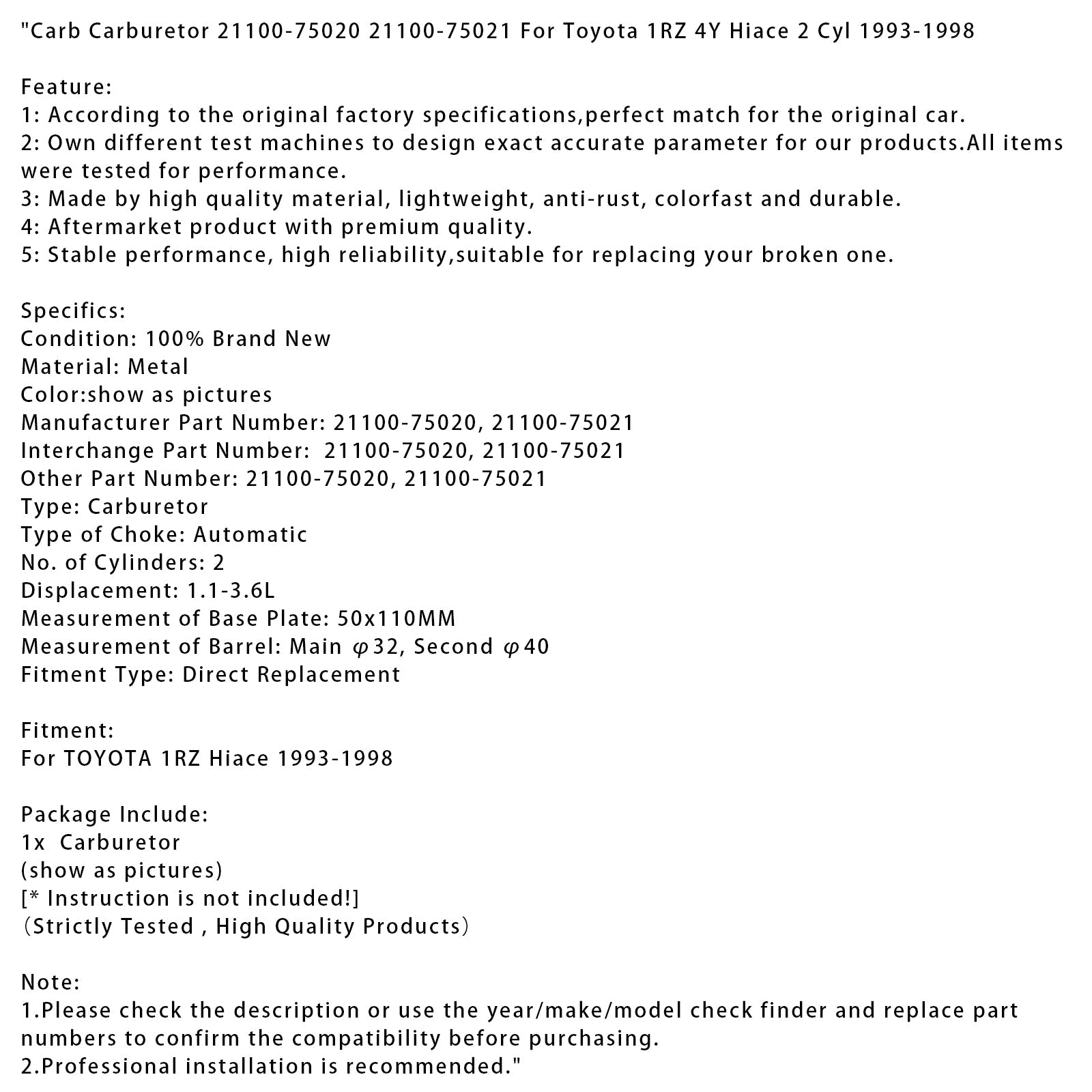 1993-1998 Toyota 1RZ 4Y Hiace 2 Cyl Carb Carburetor 21100-75020 21100-75021