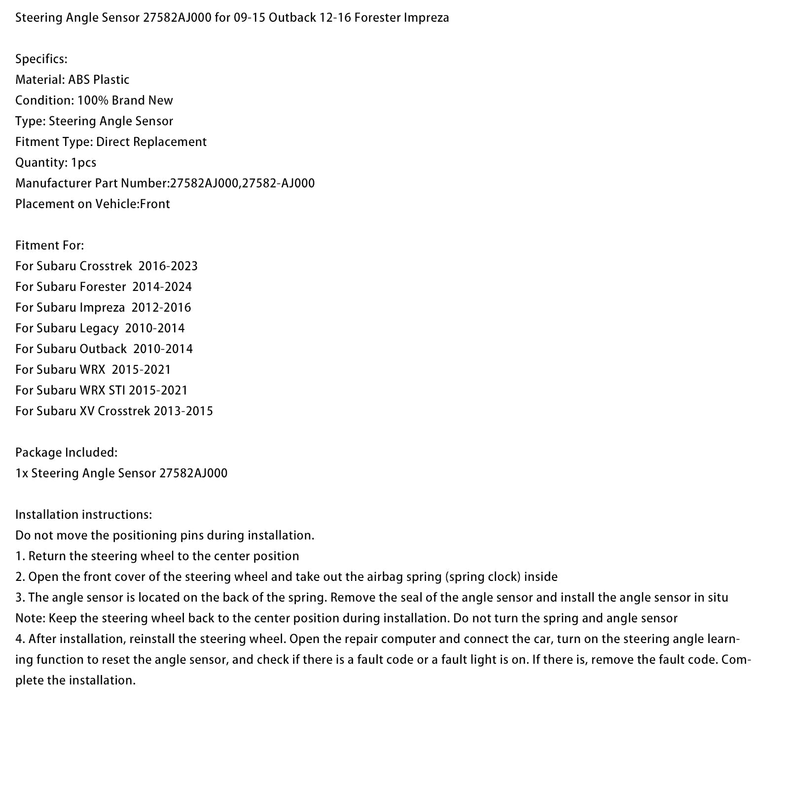 2010-2014 Subaru Legacy Steering Angle Sensor 27582AJ000