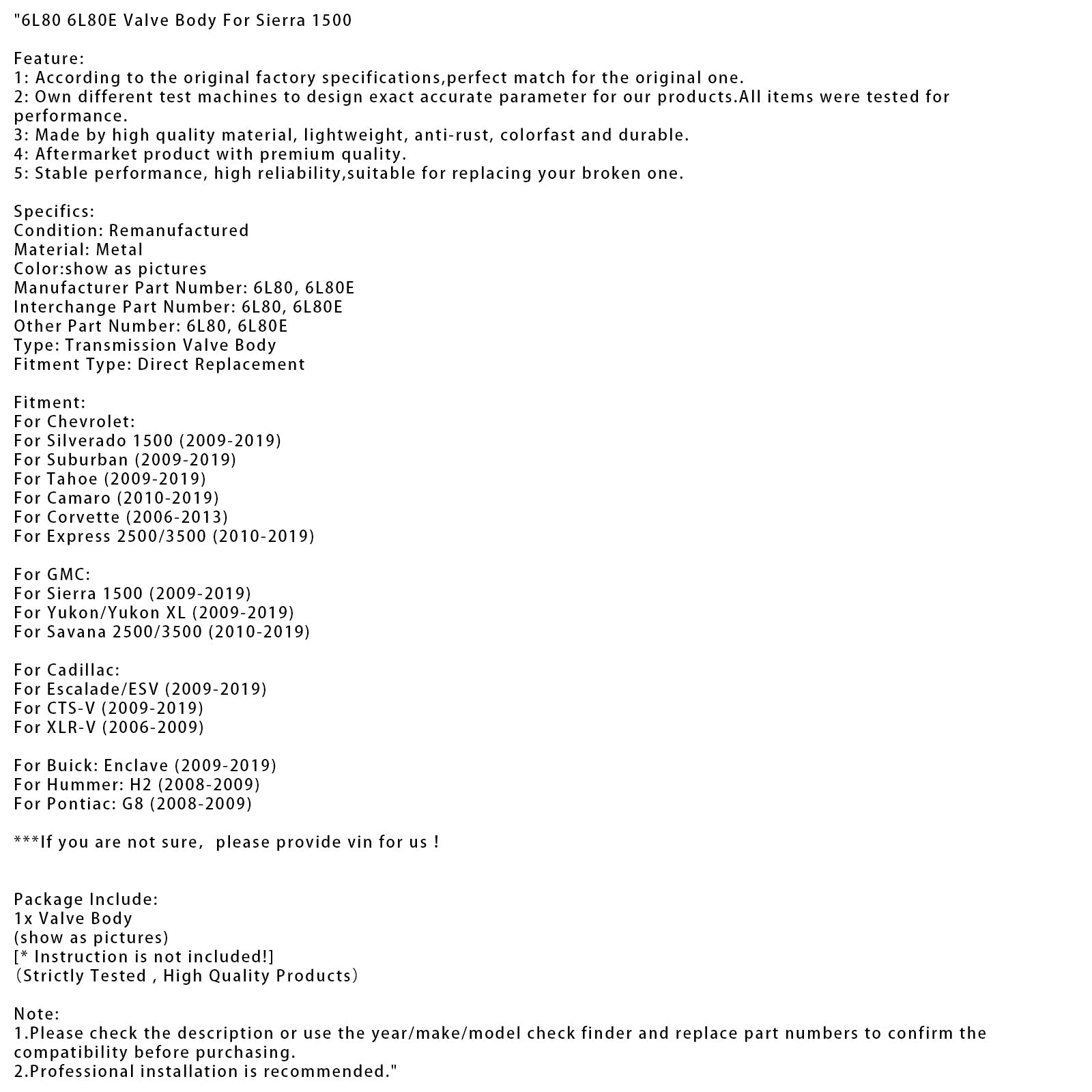 2009-2019 Cadillac Escalade/ESV Valve Body 6L80 6L80E