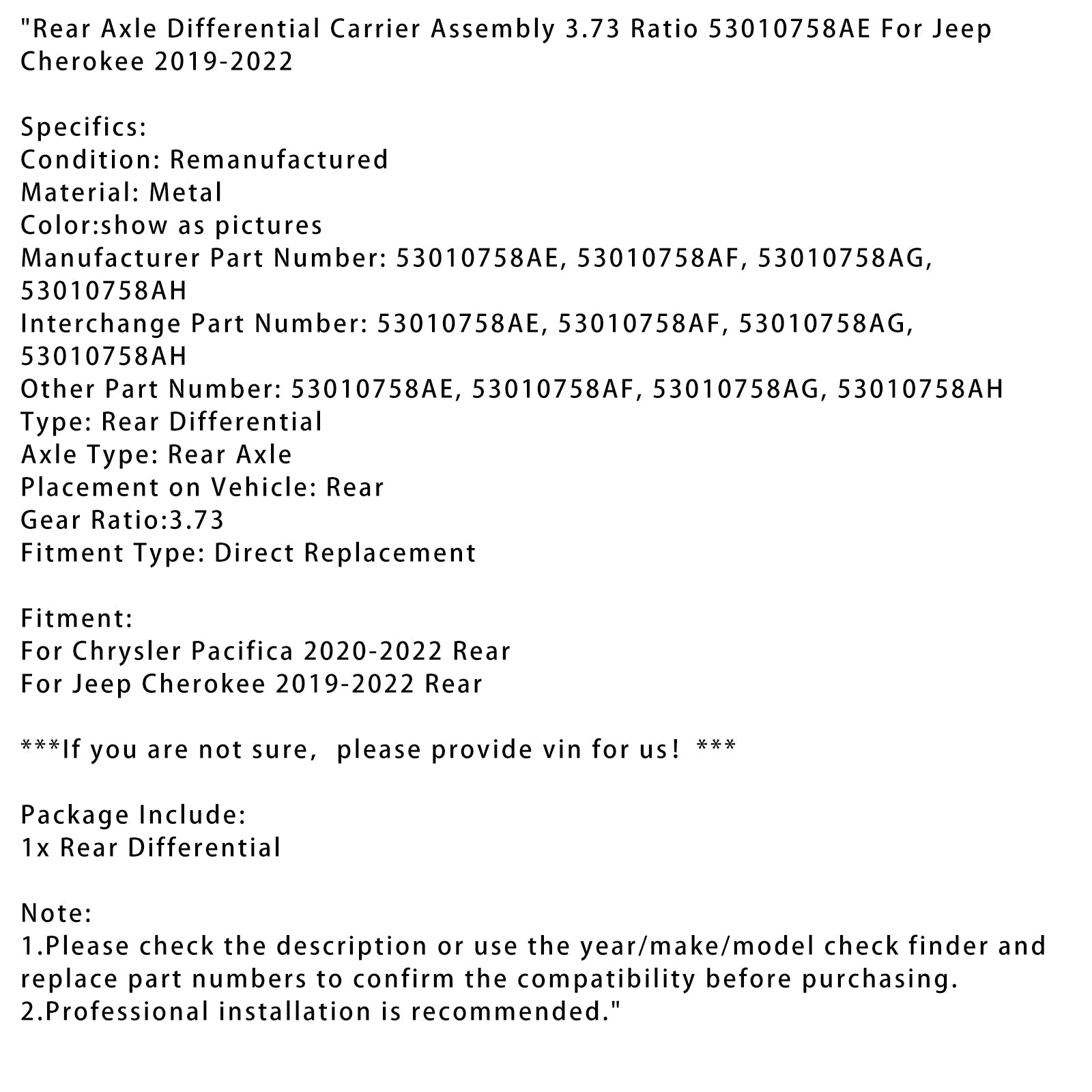 2020-2022 Chrysler Pacifica Rear Axle Differential Carrier Assembly 3.73 Ratio 53010758AE 53010758AF