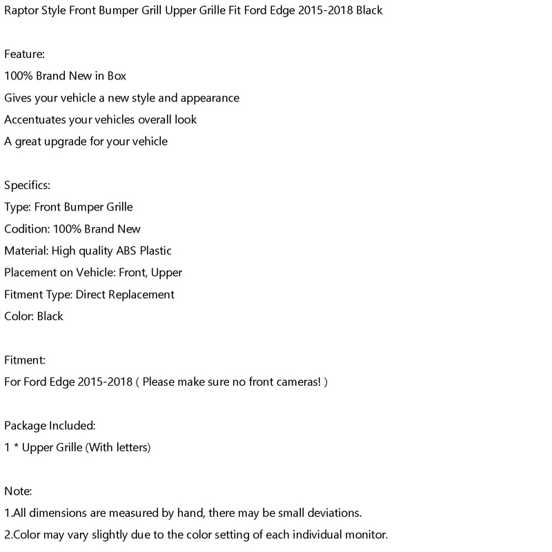 شبكة علوية من المصد الأمامي على طراز رابتور تناسب فورد إيدج 2015-2018 باللون الأسود