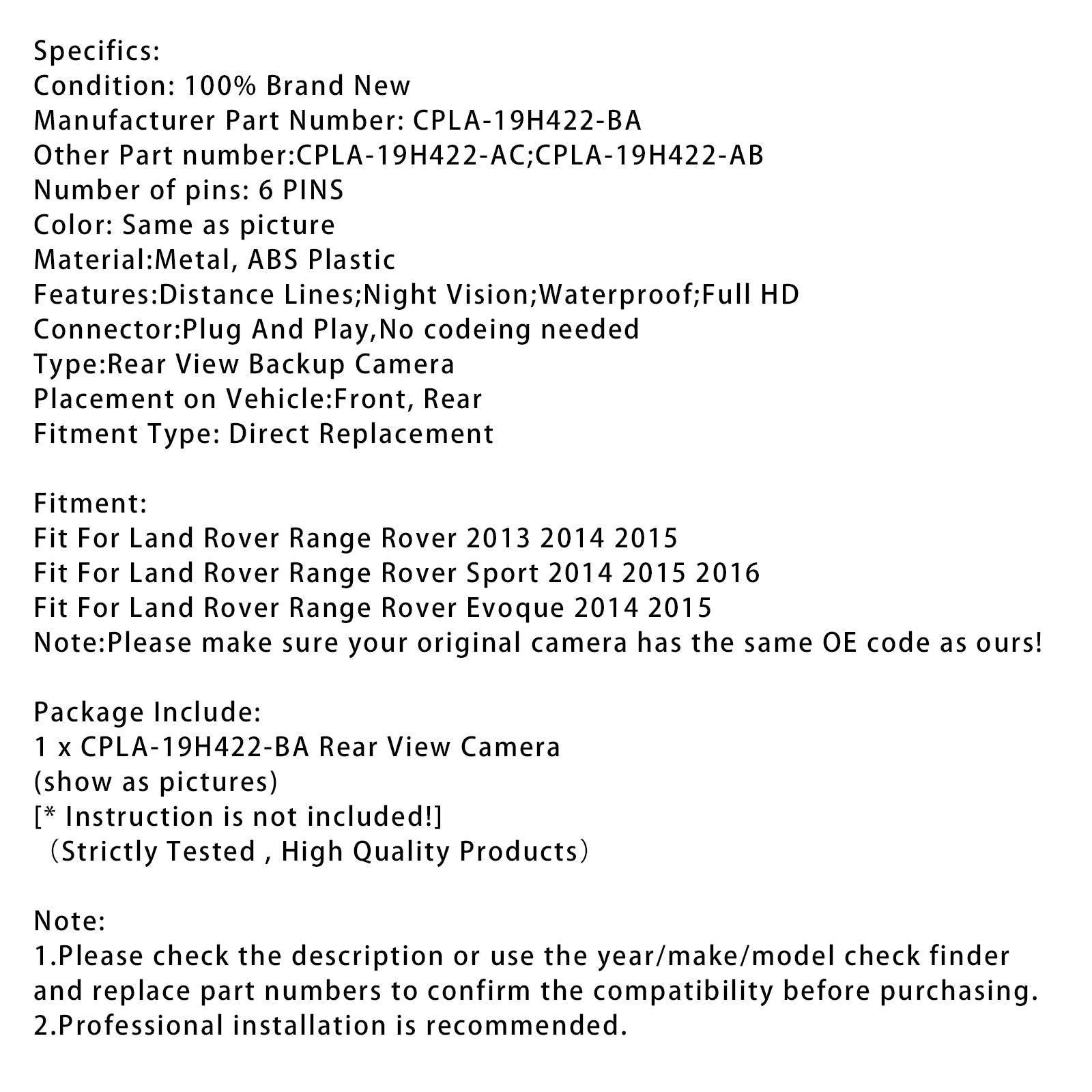 2014 2015 Land Rover Range Rover Evoque Rear View Surround Parking Assist Camera CPLA-19H422-B