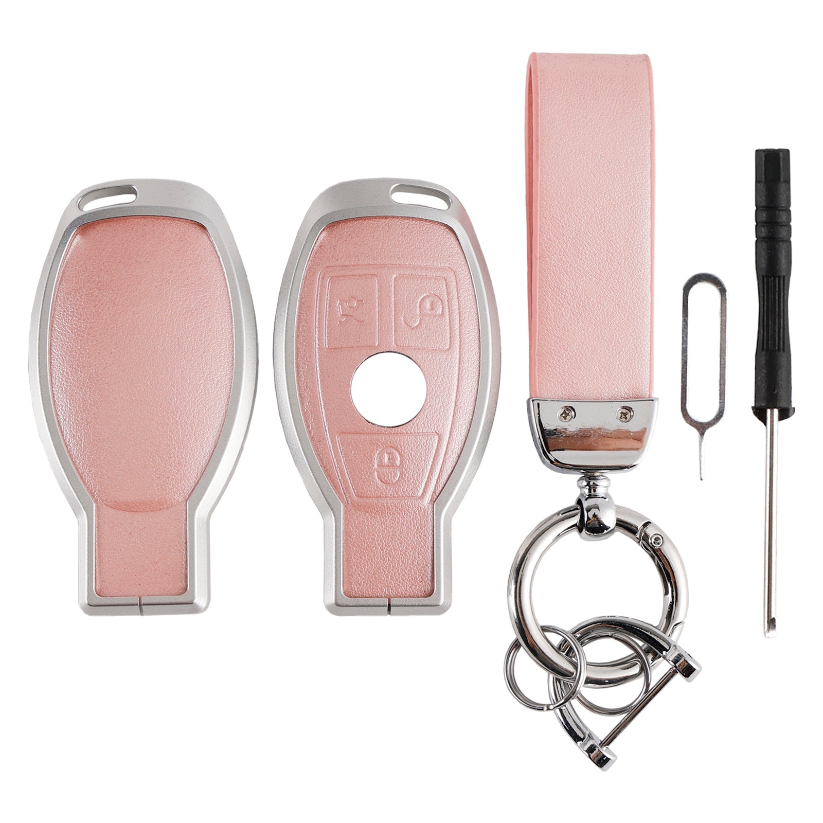 Benz GLC GLK CLS Leather Alloy Aluminum TPU Car Key Pink Case Cover