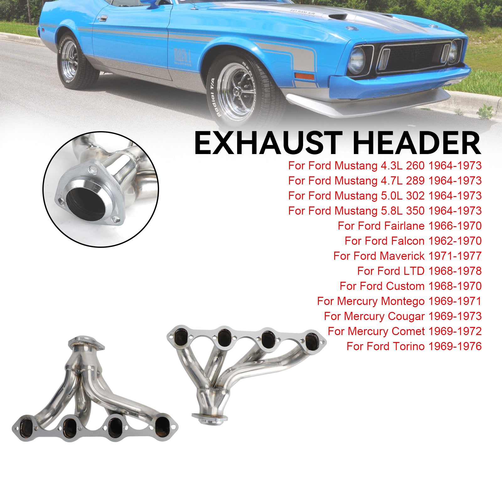 Stainless Hugger Exhaust Headers Fit Ford Short Block Windsor 289 302 351