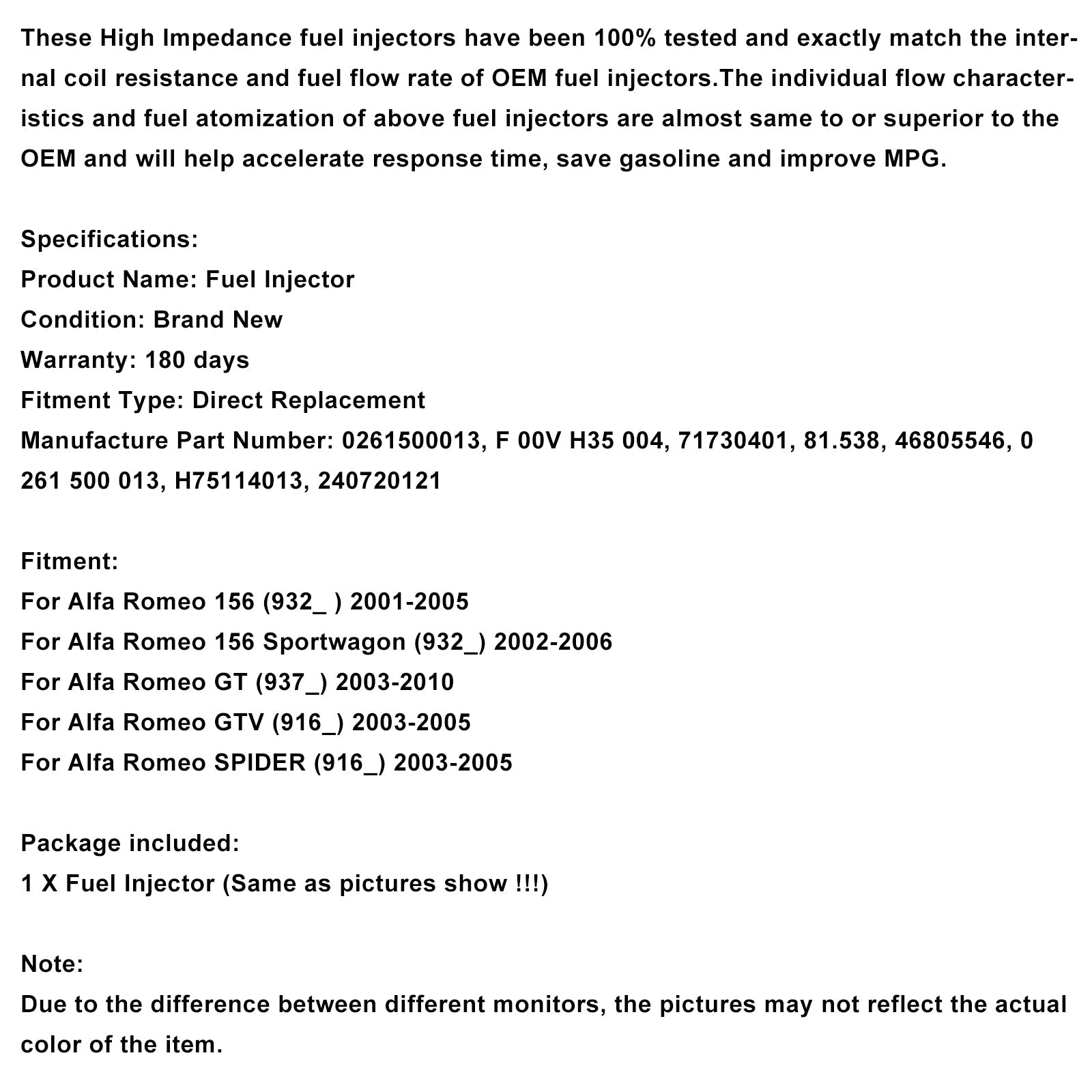 1PCS 연료 분사기 0261500013 알파로메오 156 932 GT 937 GTV 스파이더 916 2.0에 적합