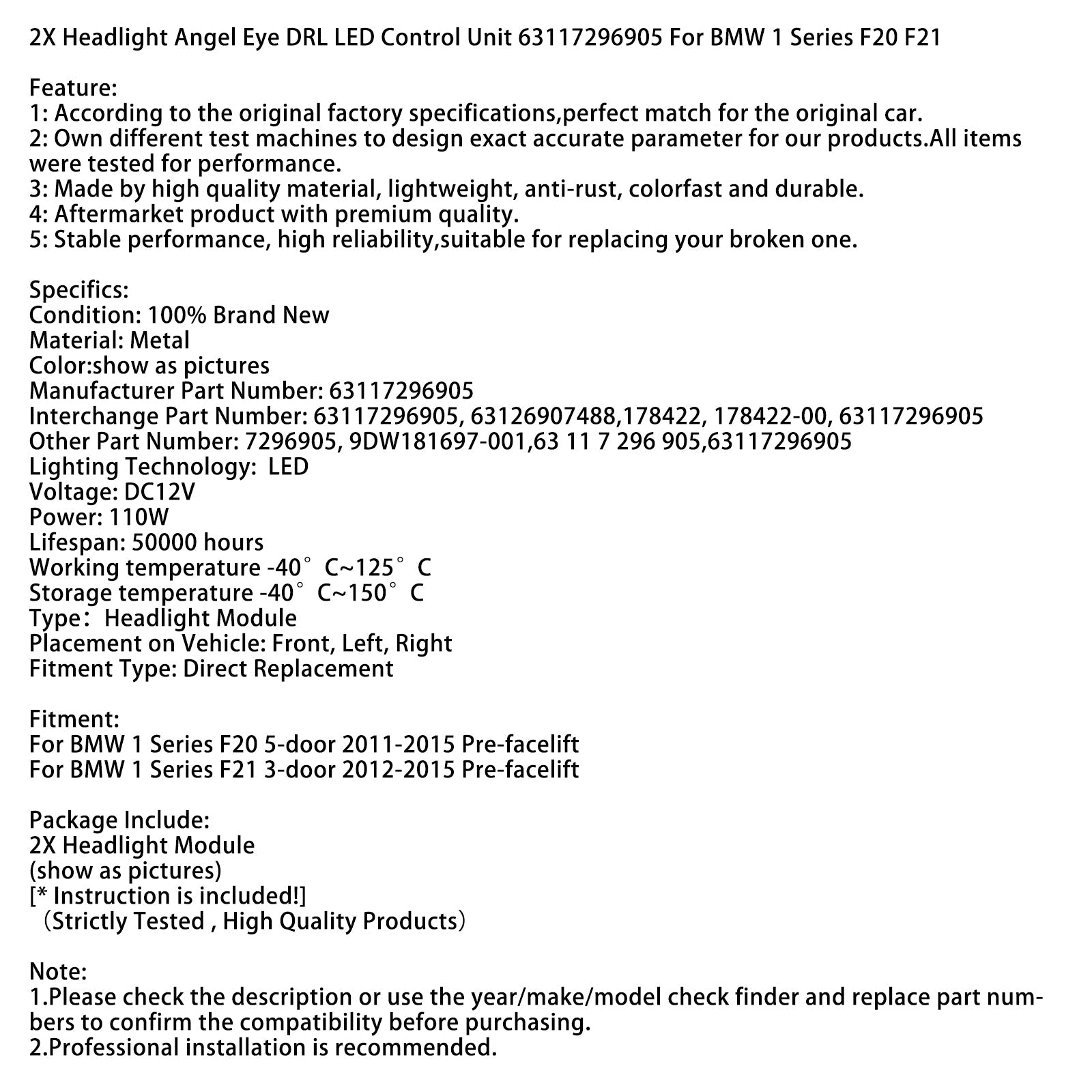 2X Headlight Angel Eye DRL Control Unit 63117296905 For BMW 1 Series F20 F21