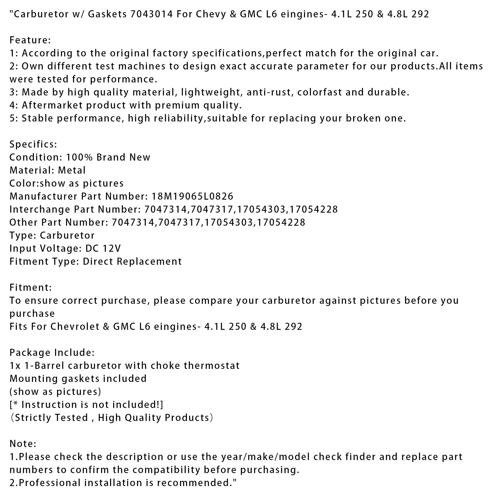 Carburetor w/ Gaskets 7043014 For Chevy & GMC L6 eingines- 4.1L 250 & 4.8L 292