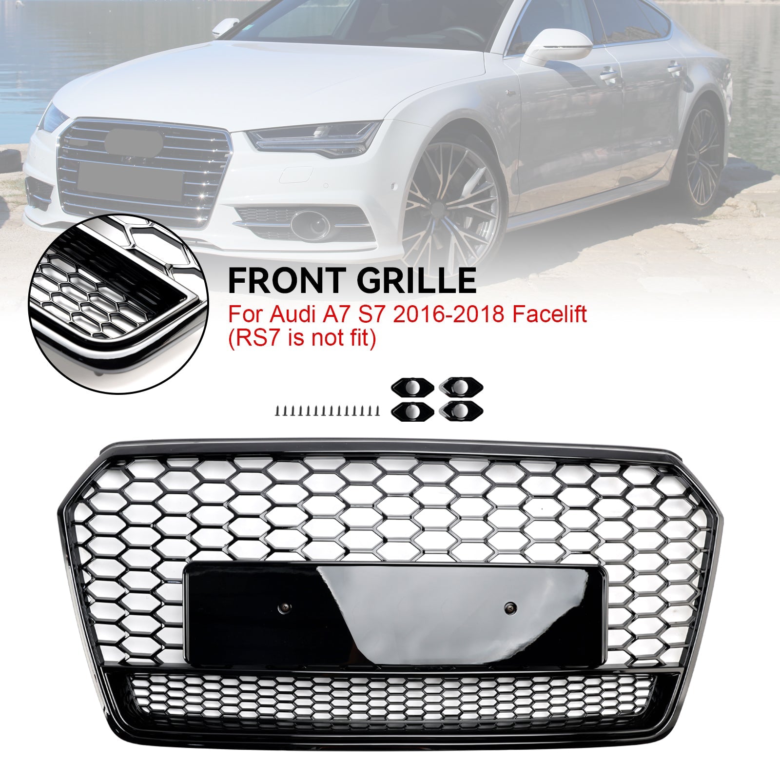 RS7 Style Honeycomb Front Bumper Grill Grille Fit Audi A7 C7 S7 2016-2018 Black