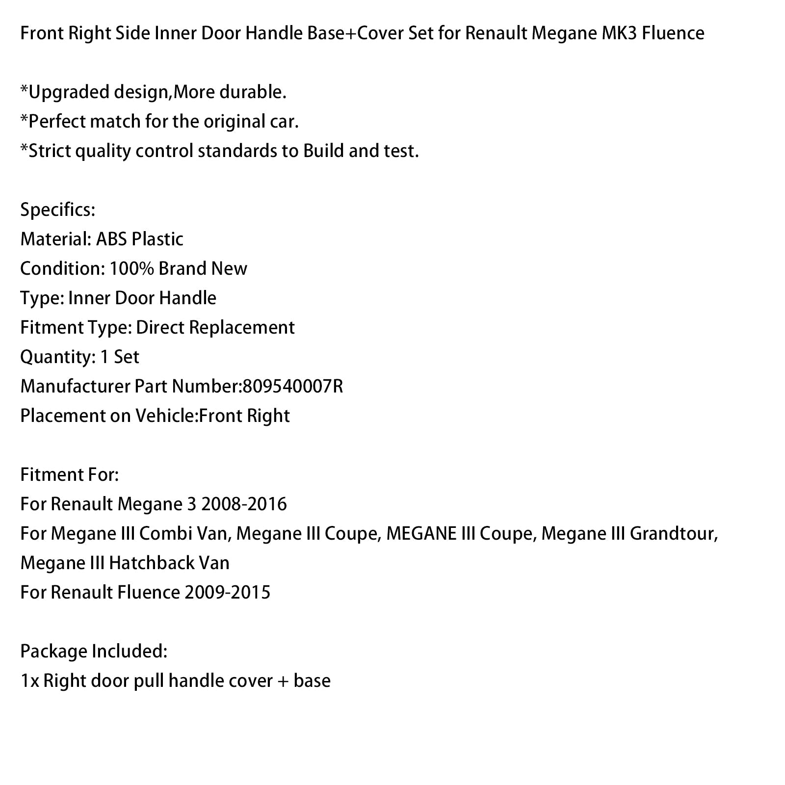 Front Right Side Inner Door Handle Base+Cover Set for Renault Megane MK3 Fluence