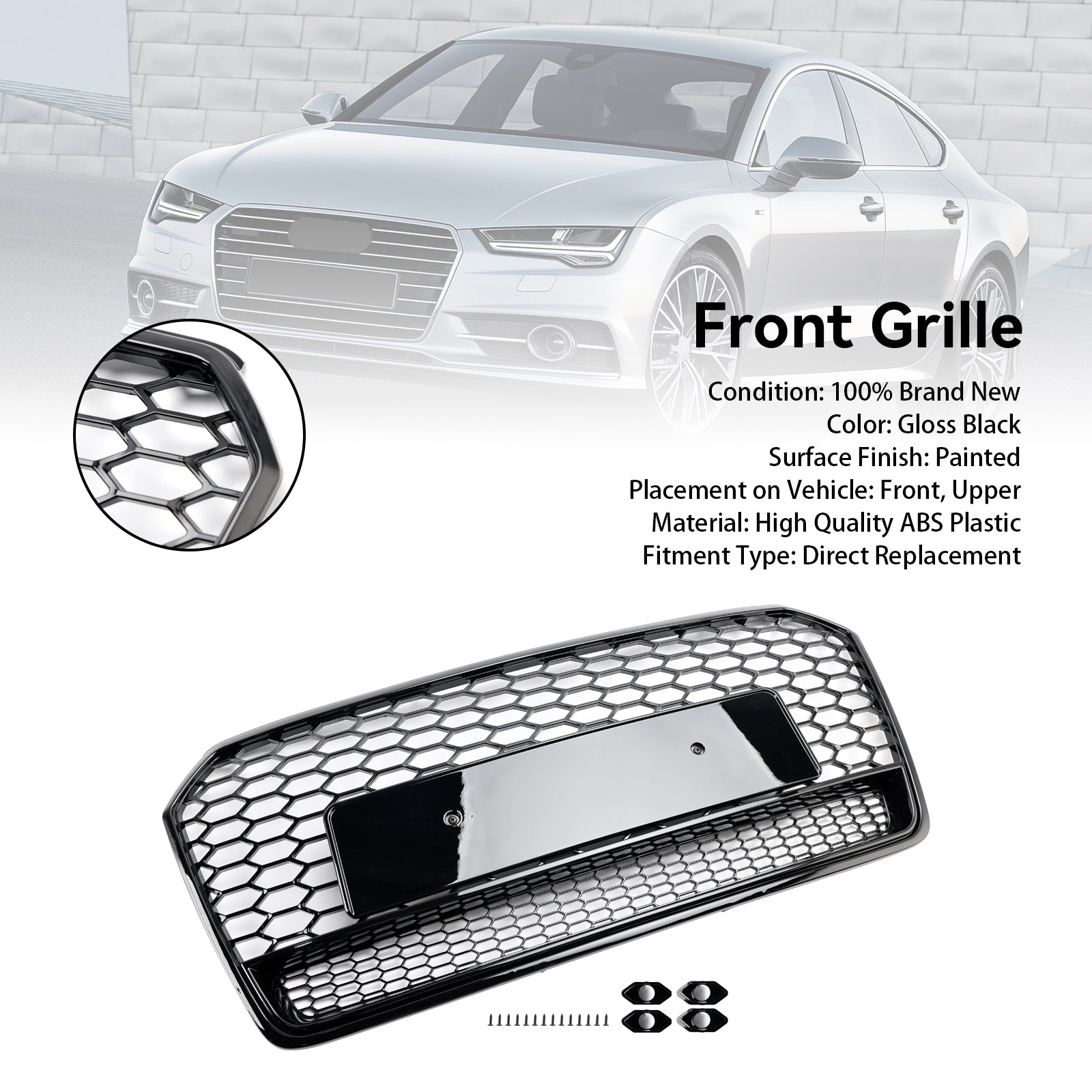 RS7 Style Honeycomb Front Bumper Grill Grille Fit Audi A7 C7 S7 2016-2018 Black