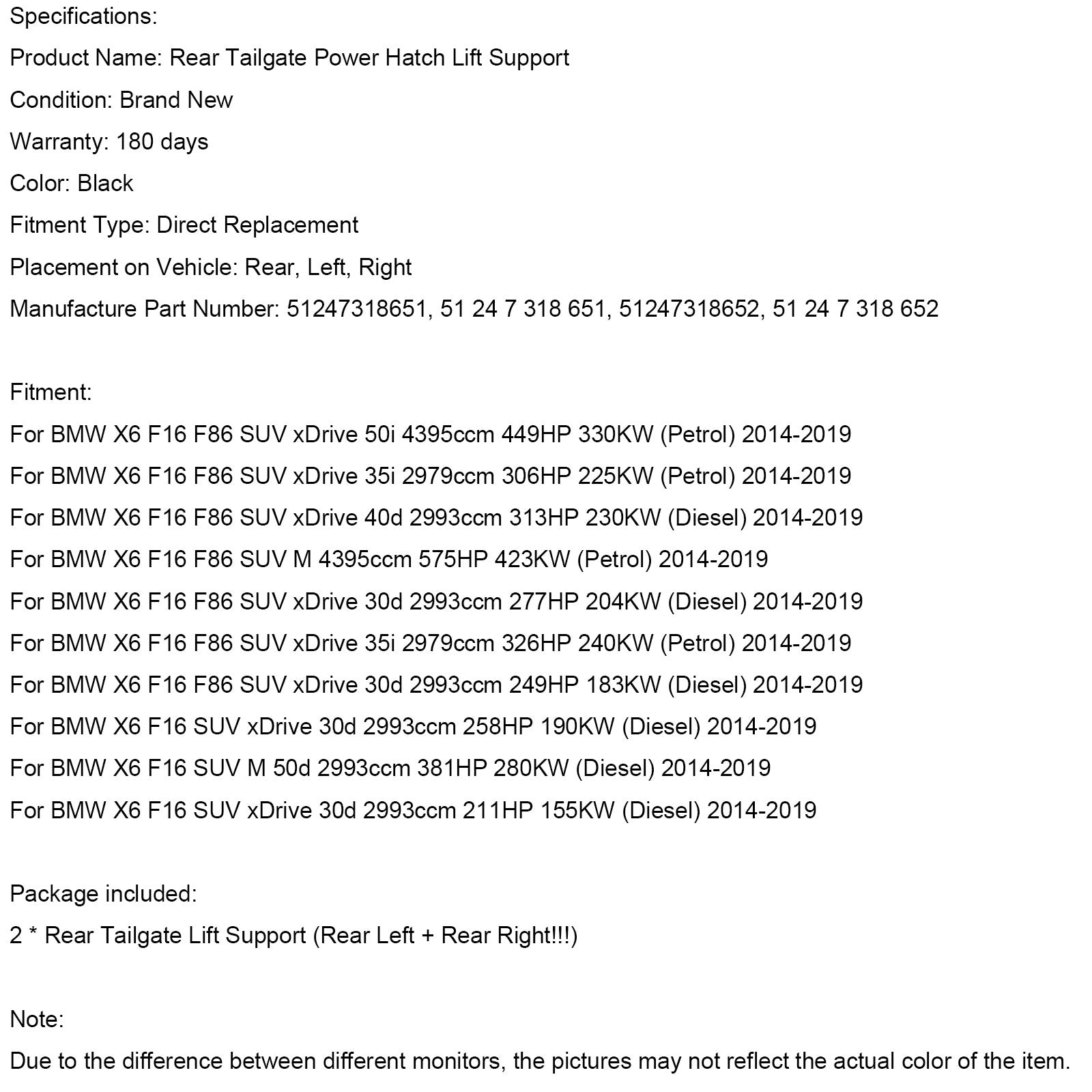 2014-2019 BMW X6 F16 SUV xDrive 30d 2993ccm 211HP 155KW (Diesel) 2PCS Tailgate Power Lift Support 51247318651
